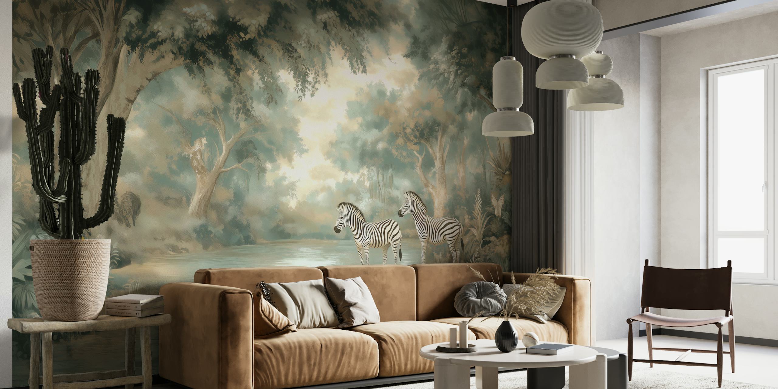 Two zebras by a calm river in a dreamy forest setting, soft greens and browns, nature wallpaper