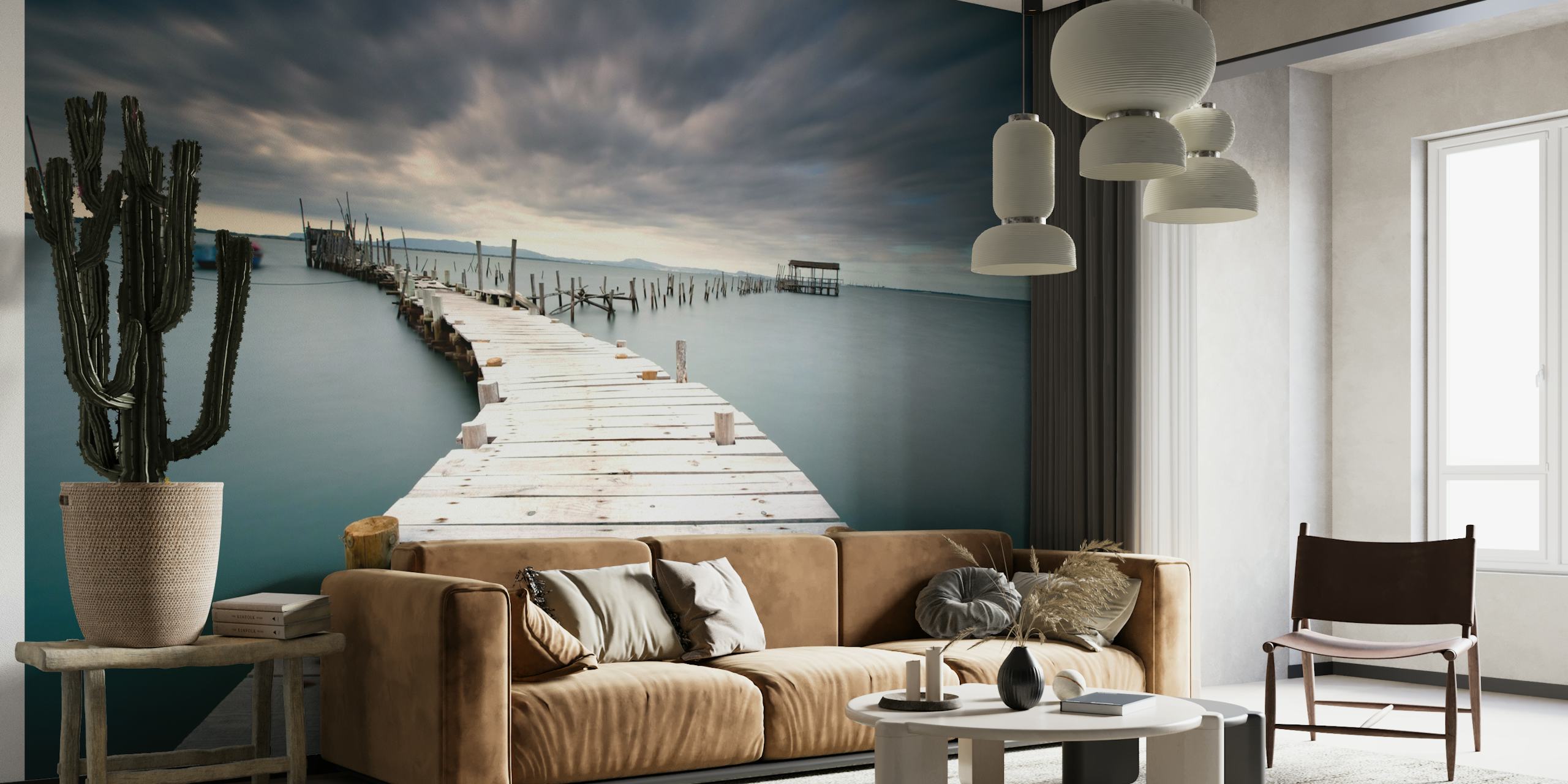 Serene wooden pier wall mural leading into calm waters under a twilight sky