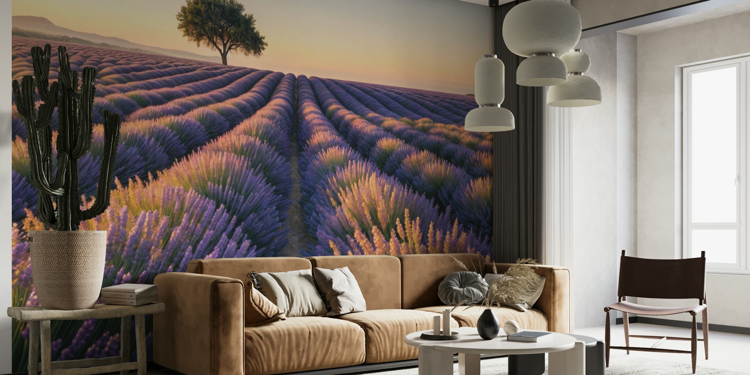 Sunset over lavender fields tapet