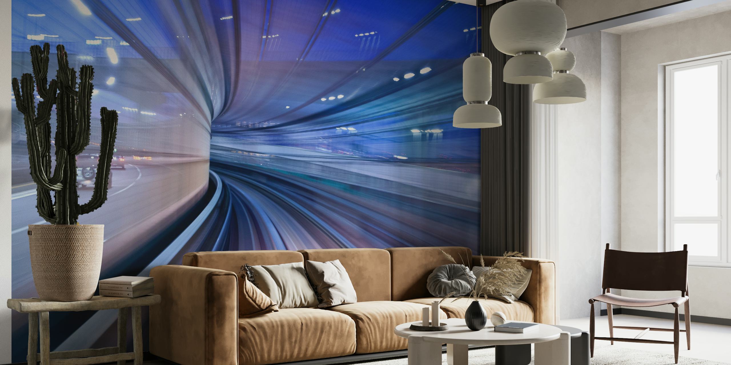 Blue-hued tunnel with dynamic light streaks wall mural
