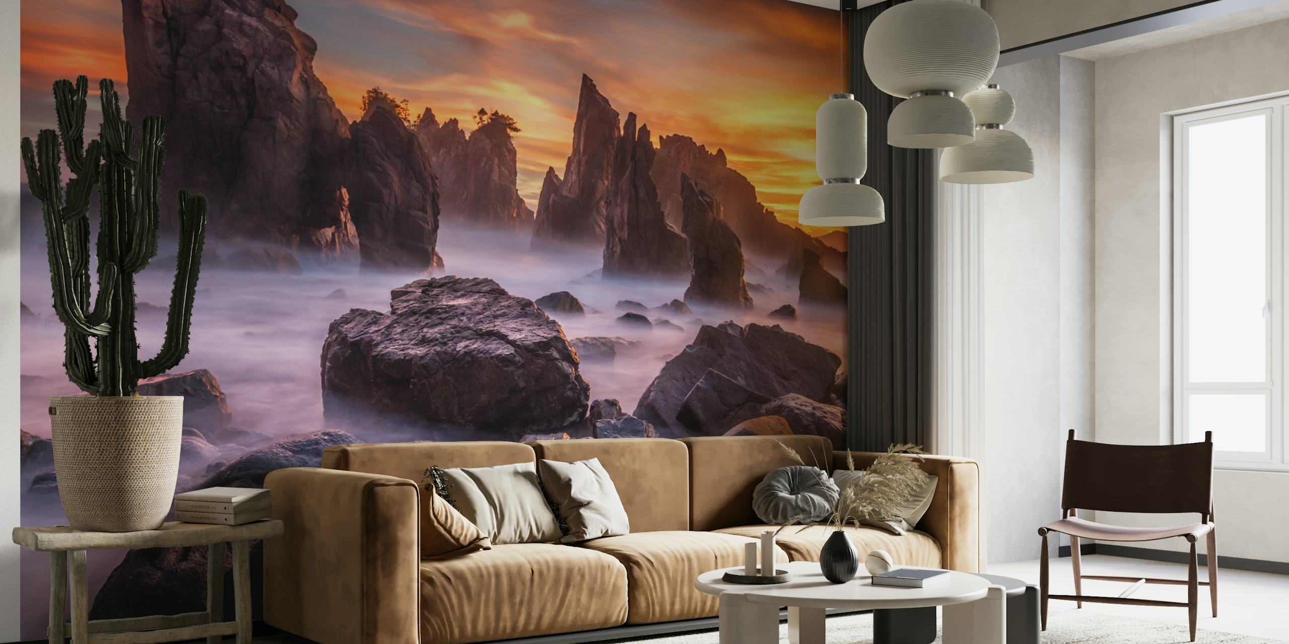 Majestic rocky seascape with sunset colors wallpaper