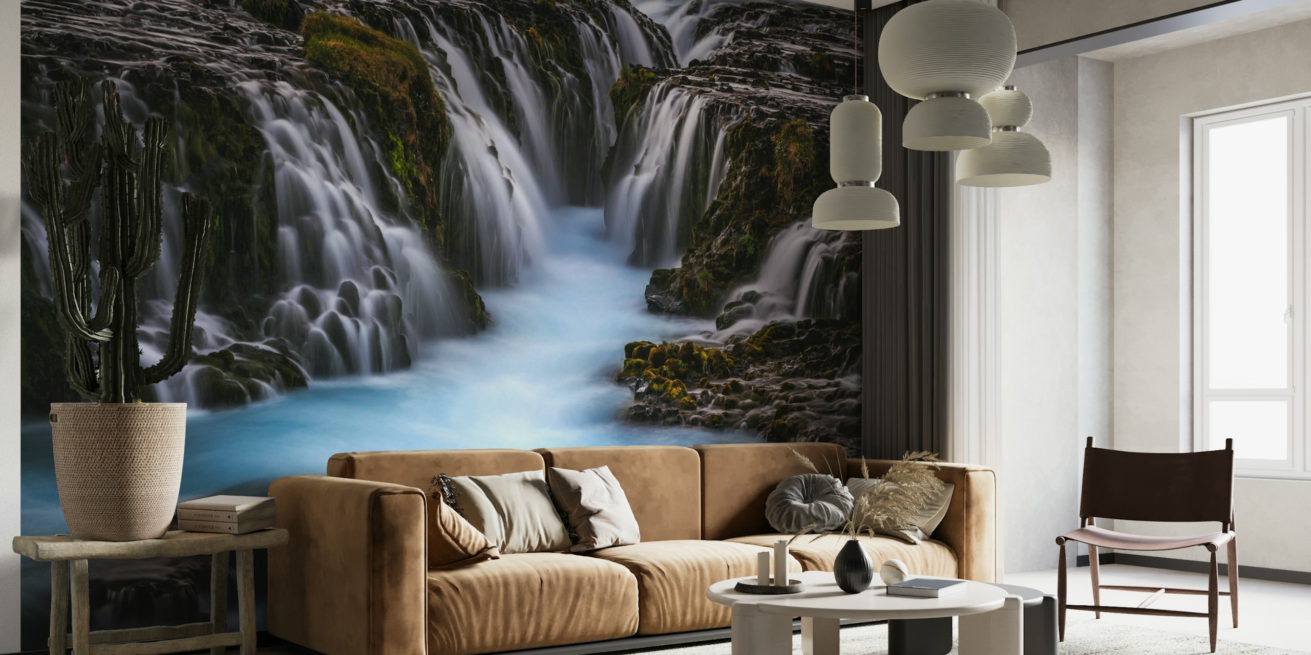 The Blue Beauty wall mural featuring a serene waterfall with deep blue waters and rocky surroundings