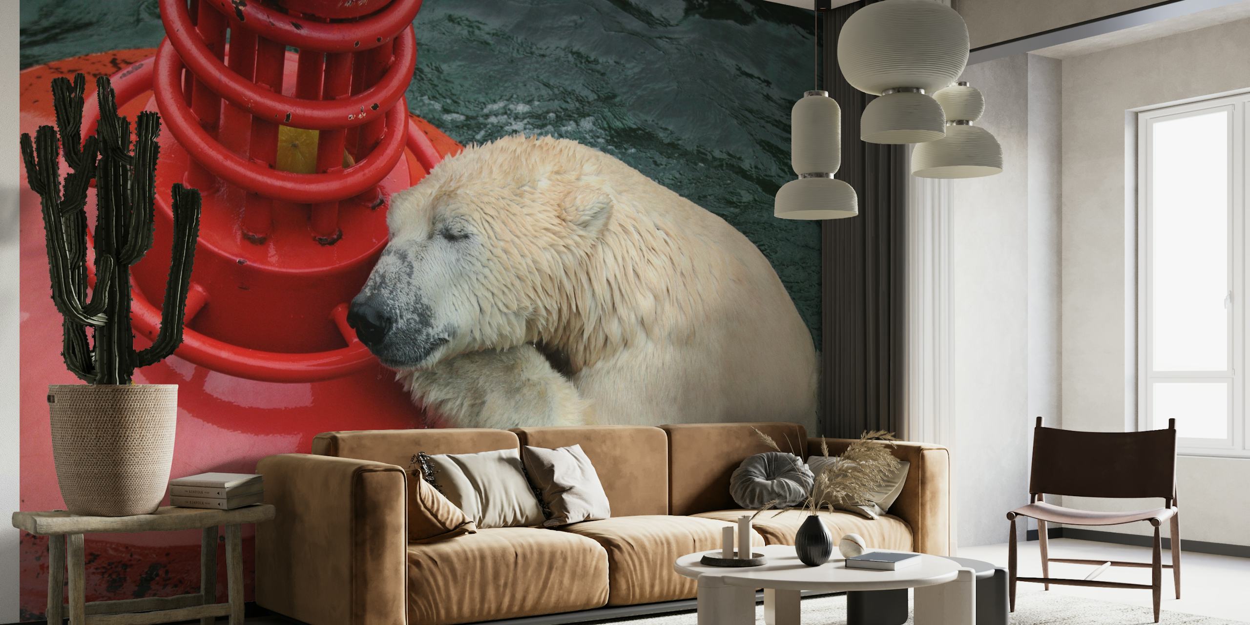 A polar bear resting against a red buoy on the water wall mural
