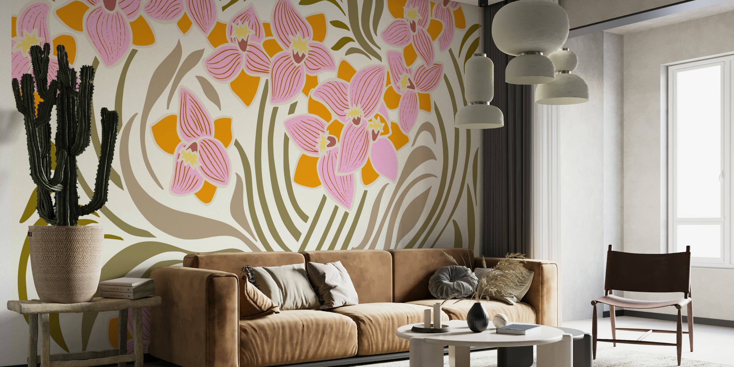 Floral statement tapet med påskliljor och blad