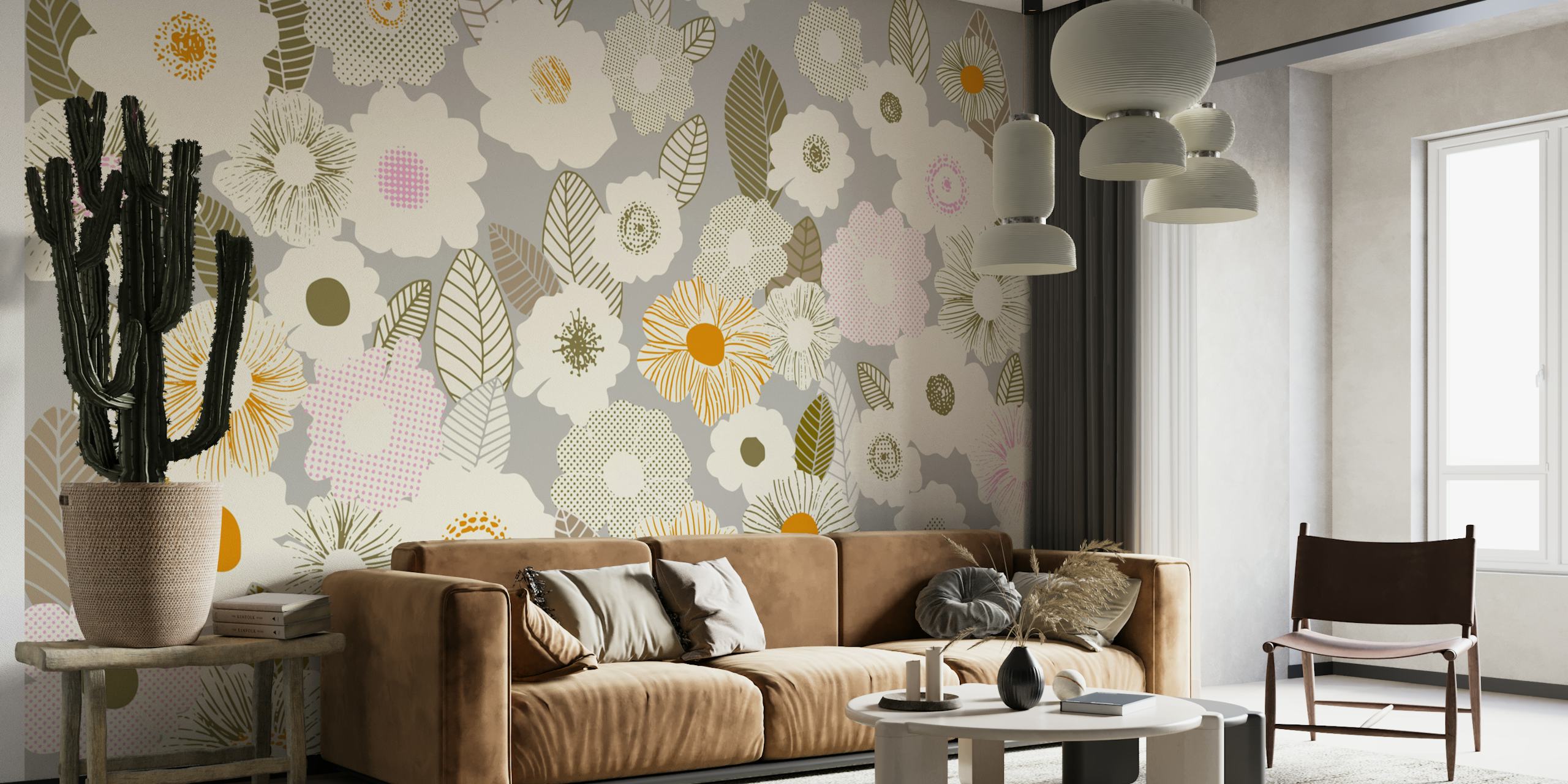 Floral wallpaper with flowers in soft pastel colors, retro style, gray background