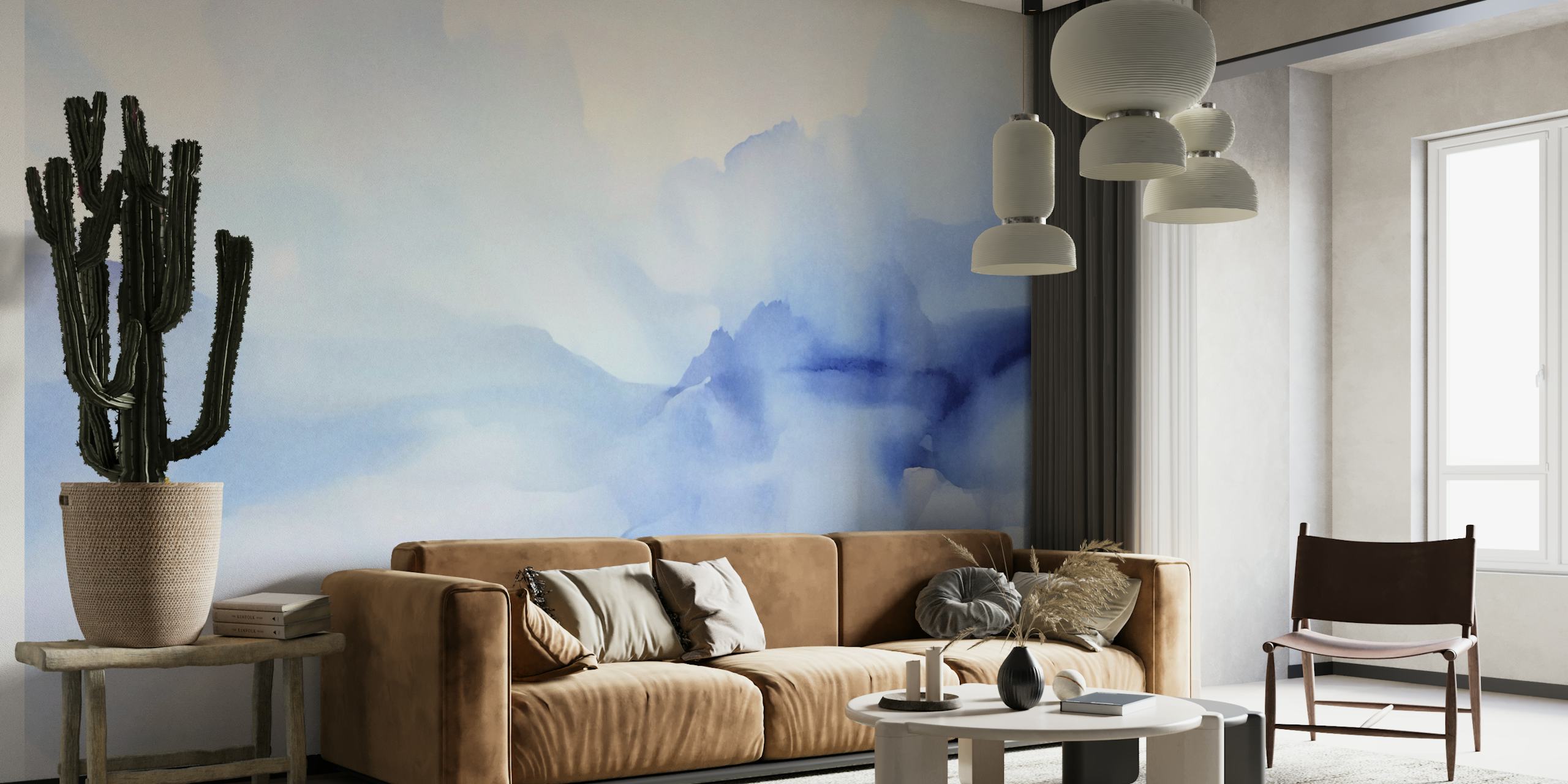 Blue watercolor waves on a soft background wallpaper