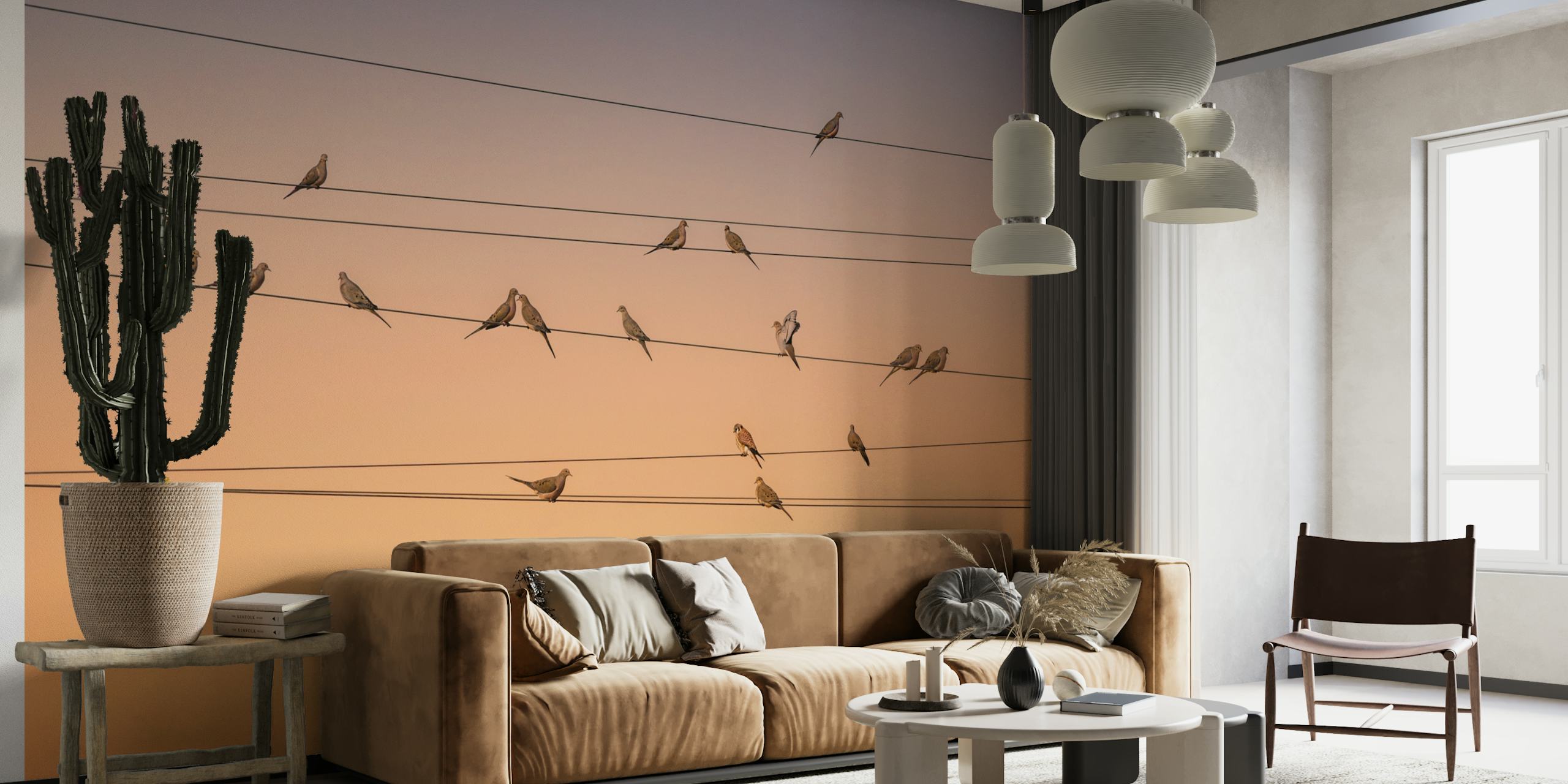 Birds resting on power lines at dusk wall mural