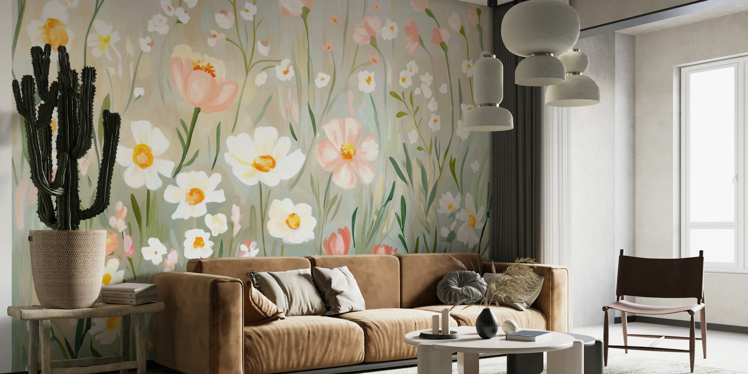 Papel pintado Pastel Spring Meadow Blossoms en una habitación