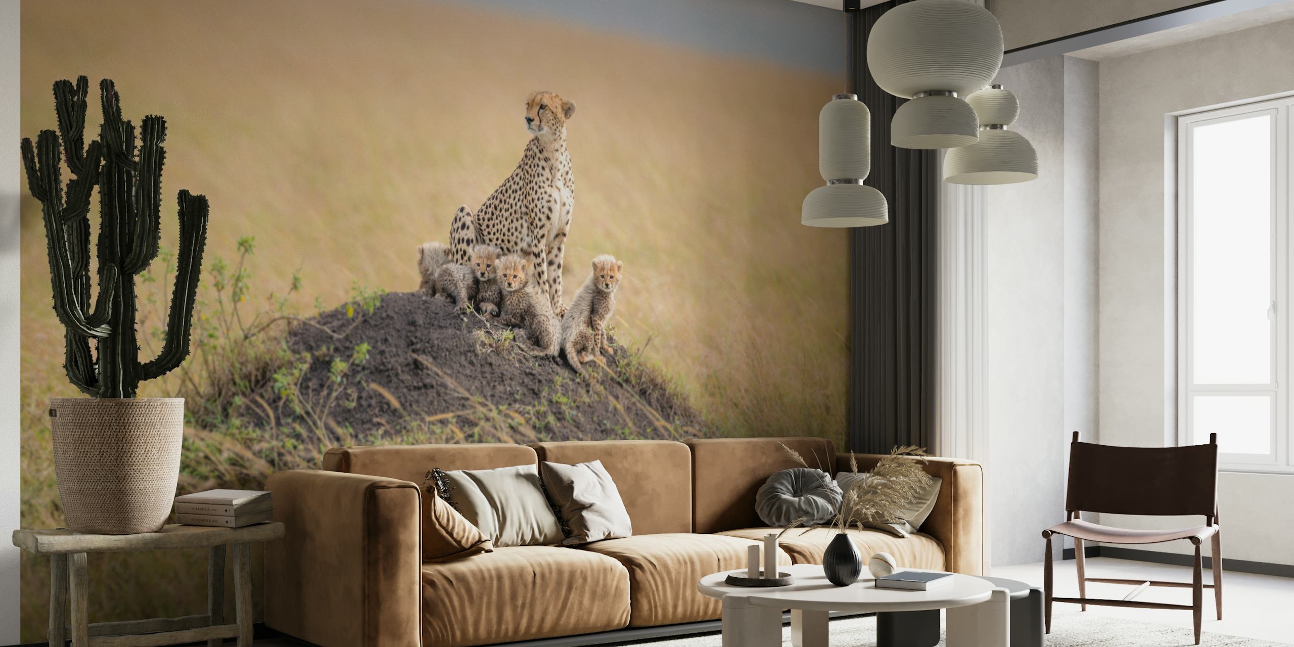 Cheetah with cubs on a mound in grassy landscape wallpaper