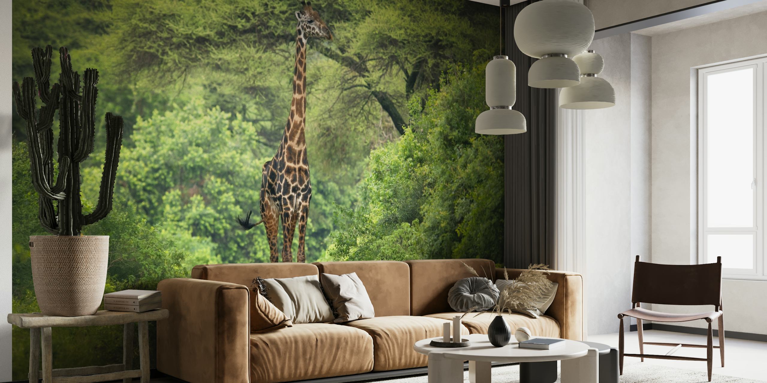 Giraffe and raven in a green forest wall mural
