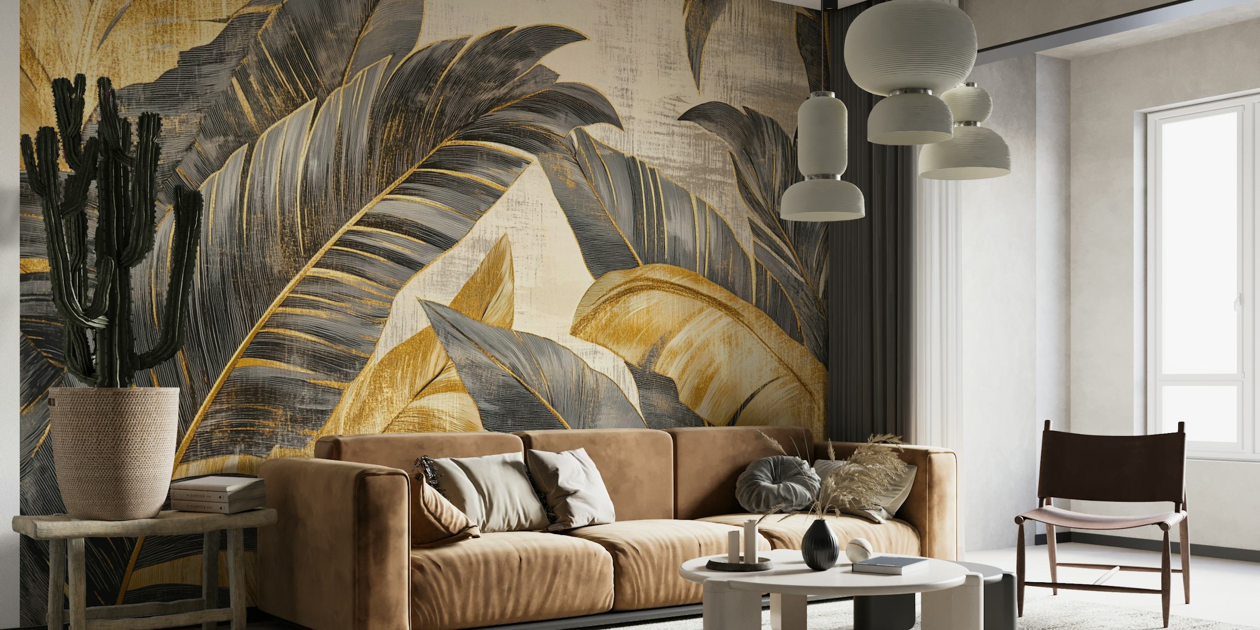 Tropical leaves in black and gold color scheme wallpaper