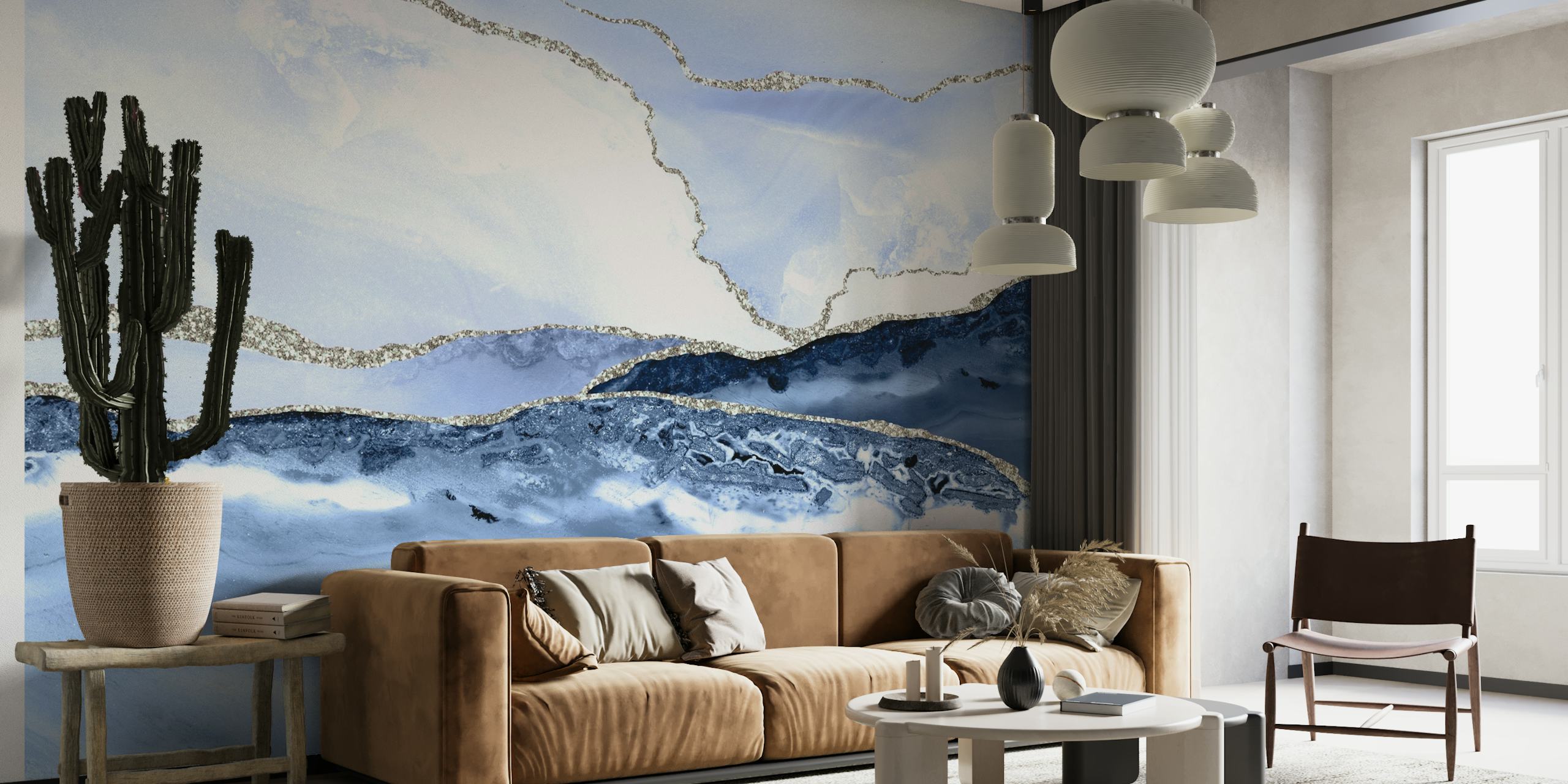 Elegant blåt og sølv marmormønster med gyldne accenter til vægmaleri