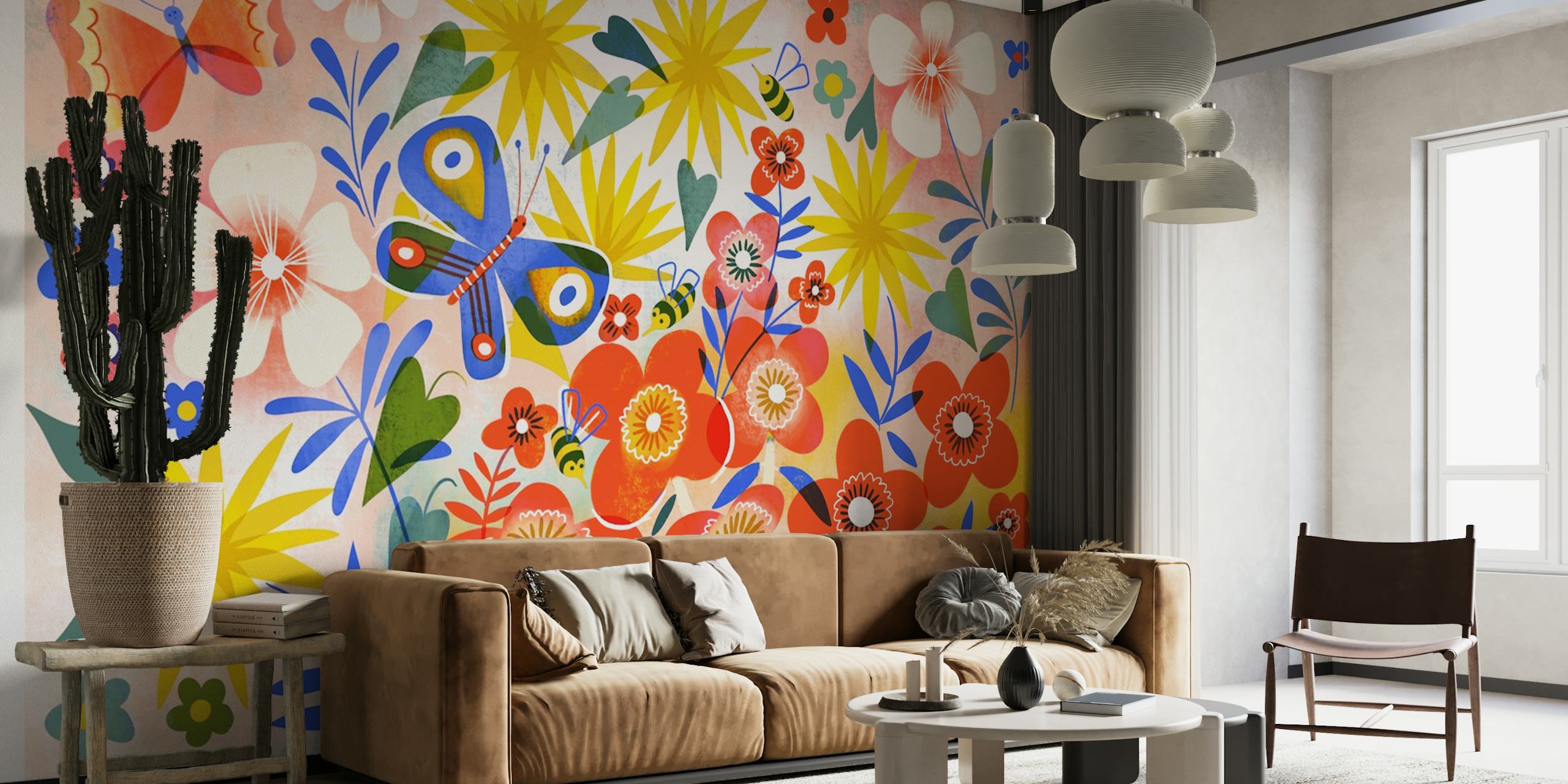 Colorful butterfly garden wallpaper in a room