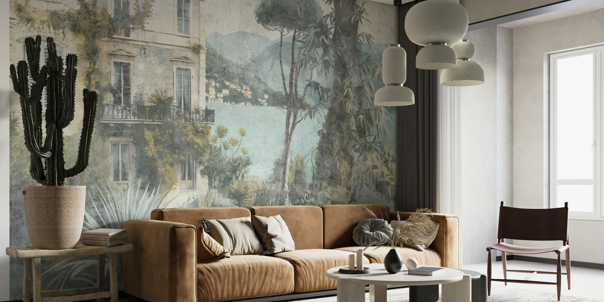 Mediterranean villa landscape with greenery and sea wallpaper