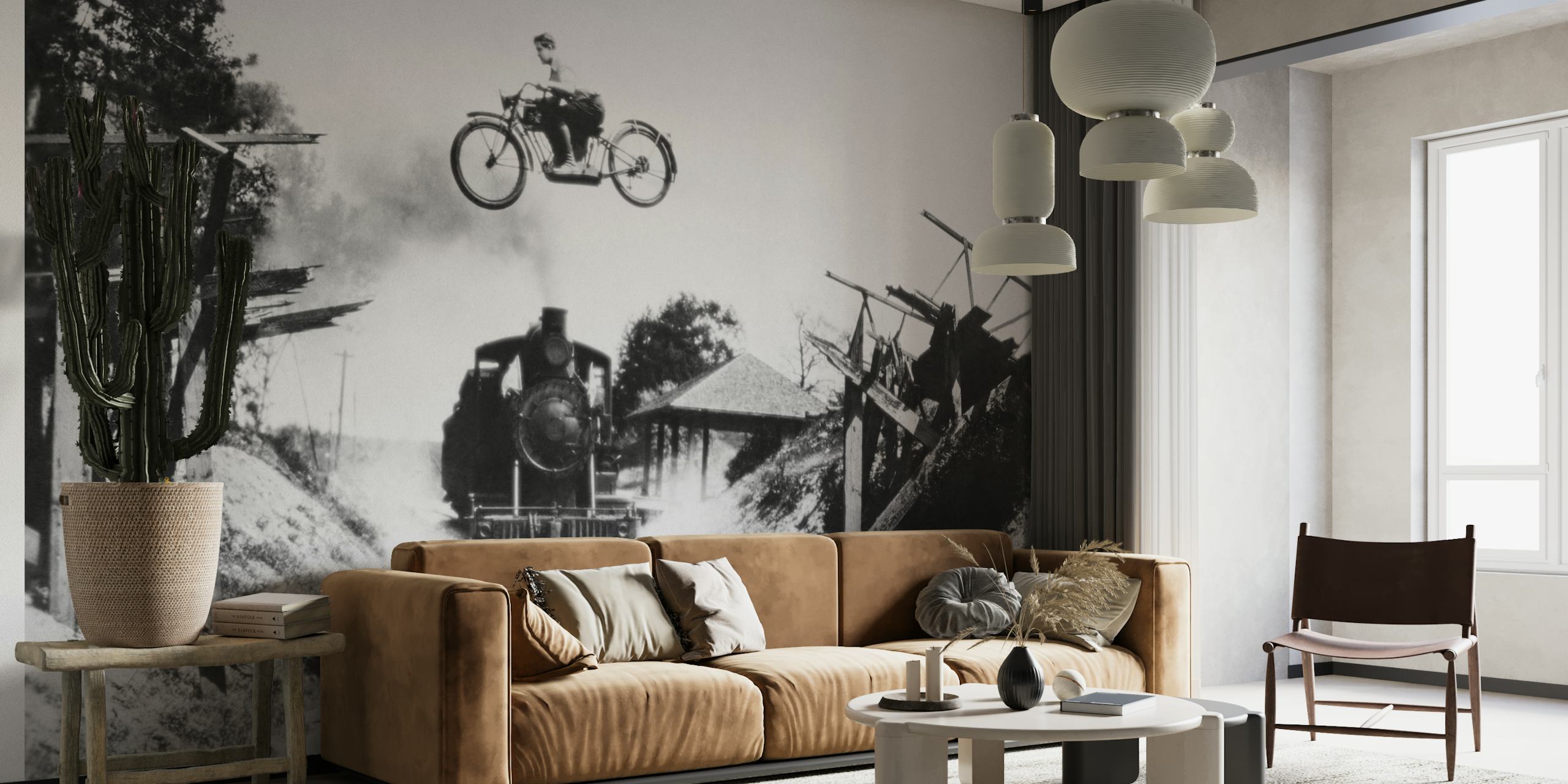 Vintage black and white motorcycle jump above a train wallpaper
