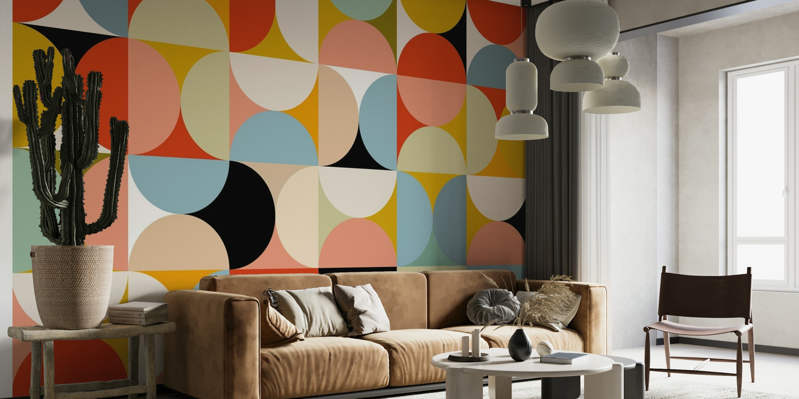 Midcentury modern geometric wallpaper in vibrant colours
