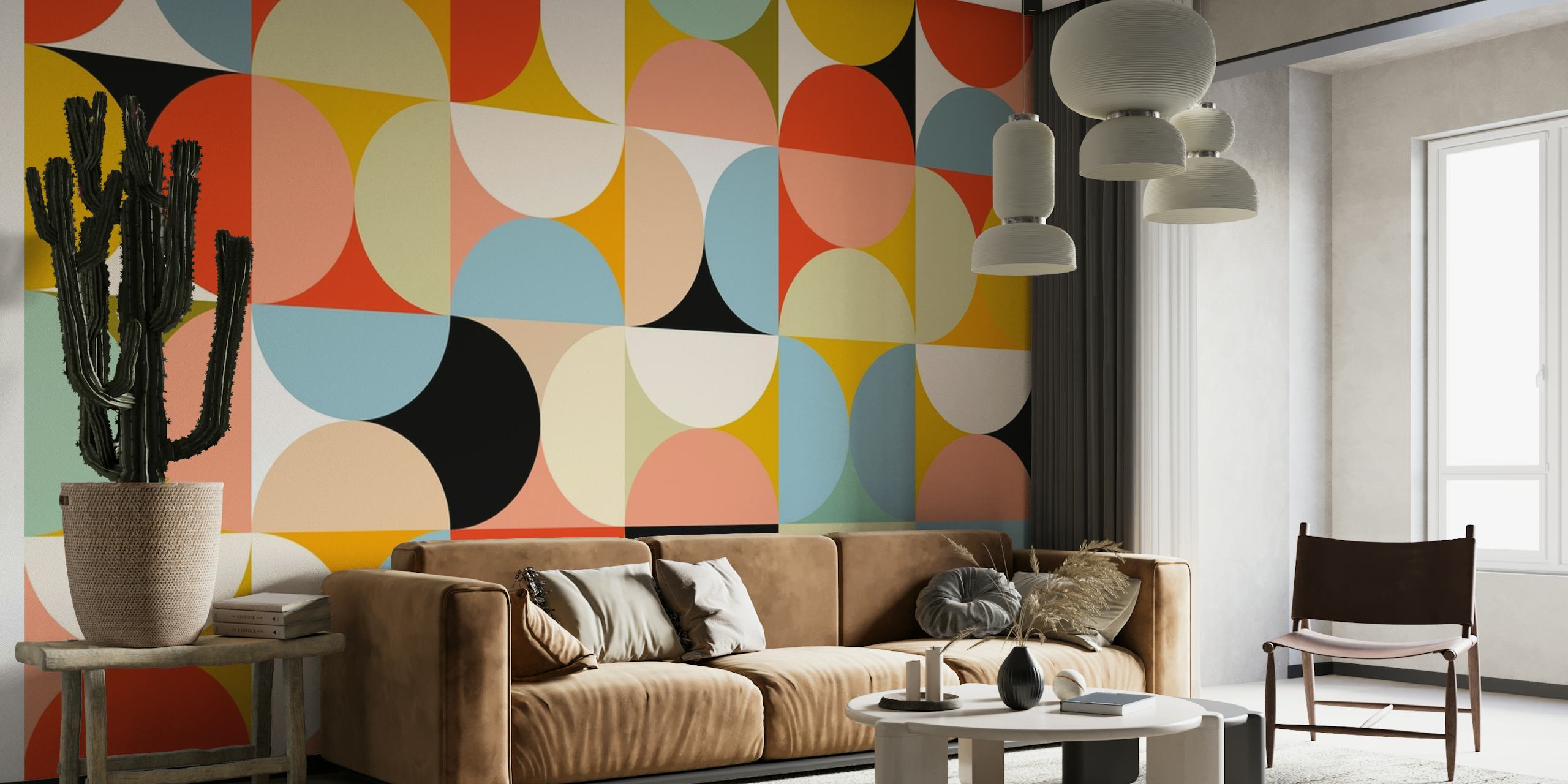 Midcentury modern geometric wallpaper in vibrant colours