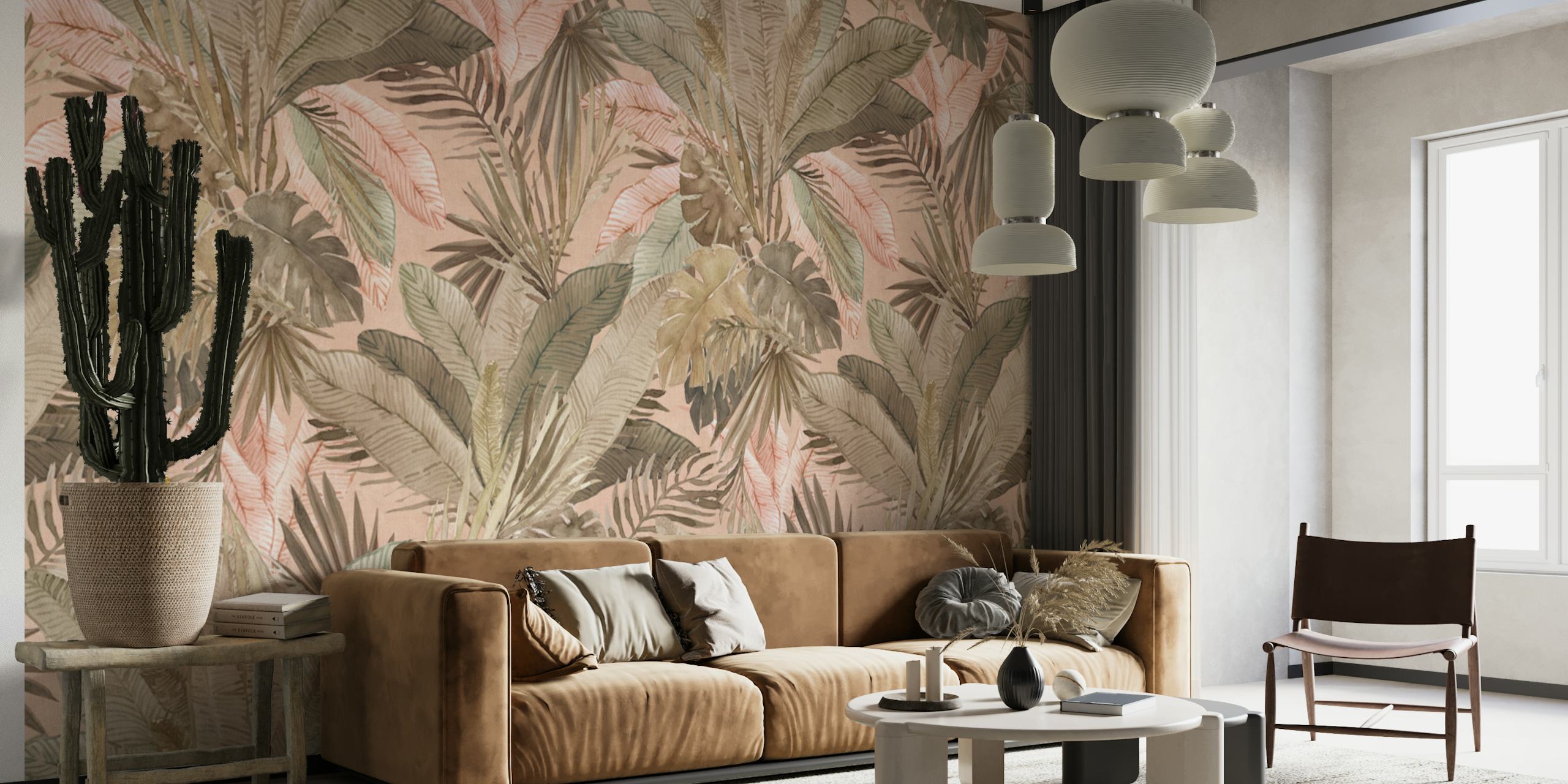 Tropical leaves in shades of sage and pink botanical wallpaper