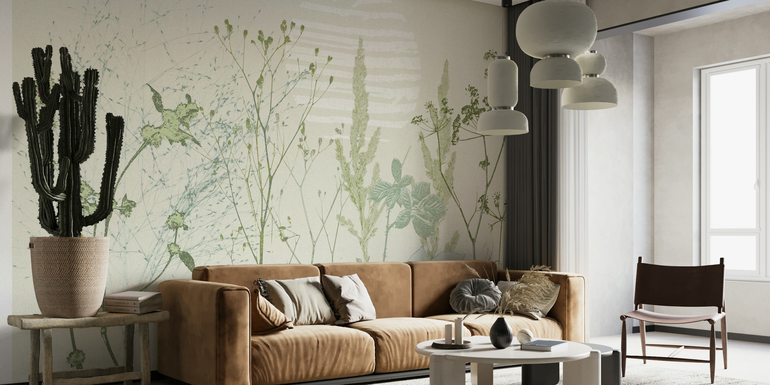Natural green floral wallpaper featuring delicate botanical illustrations against a light background.
