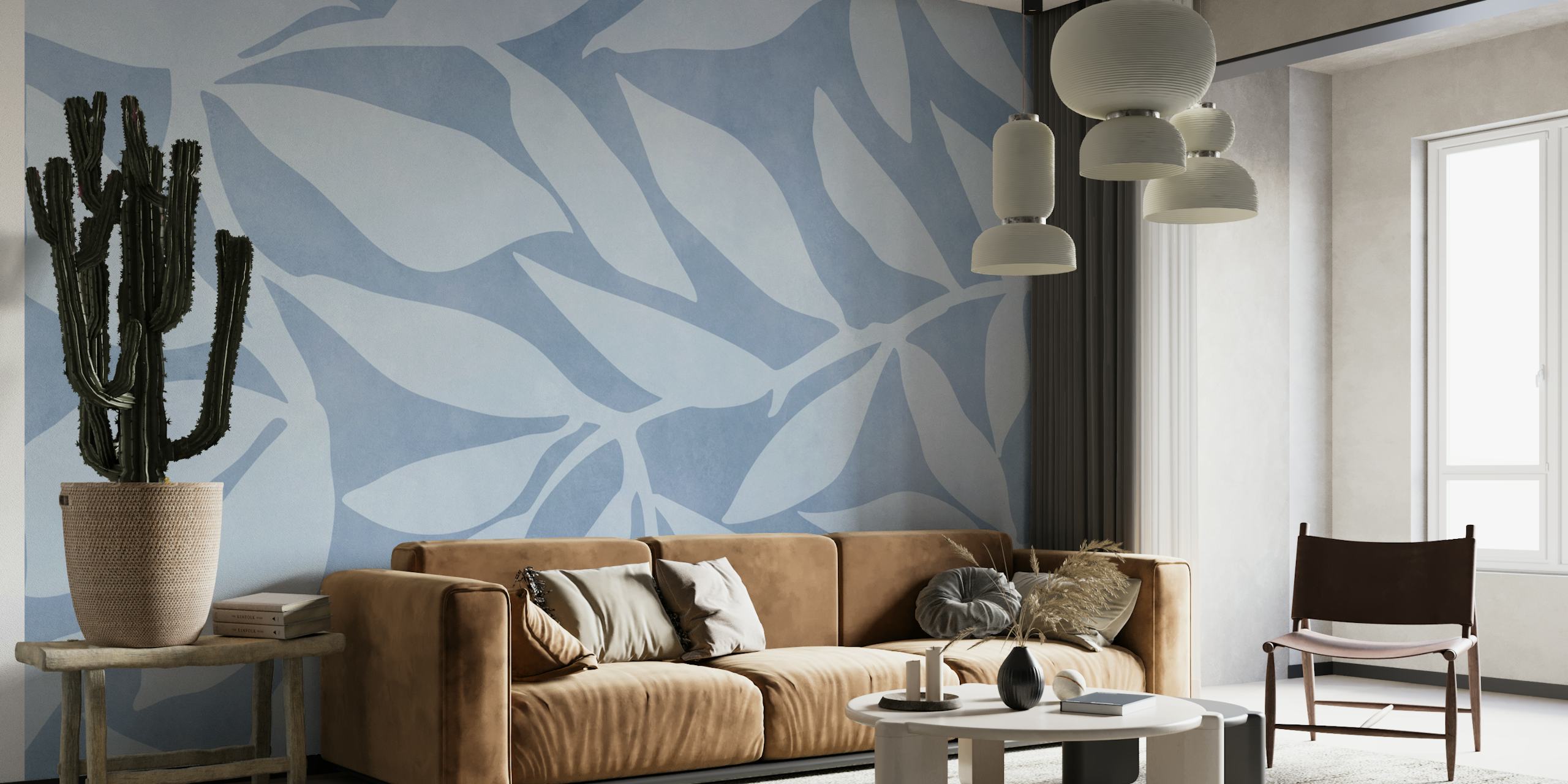 Serene Soft Blue Foliage behang in een kamer