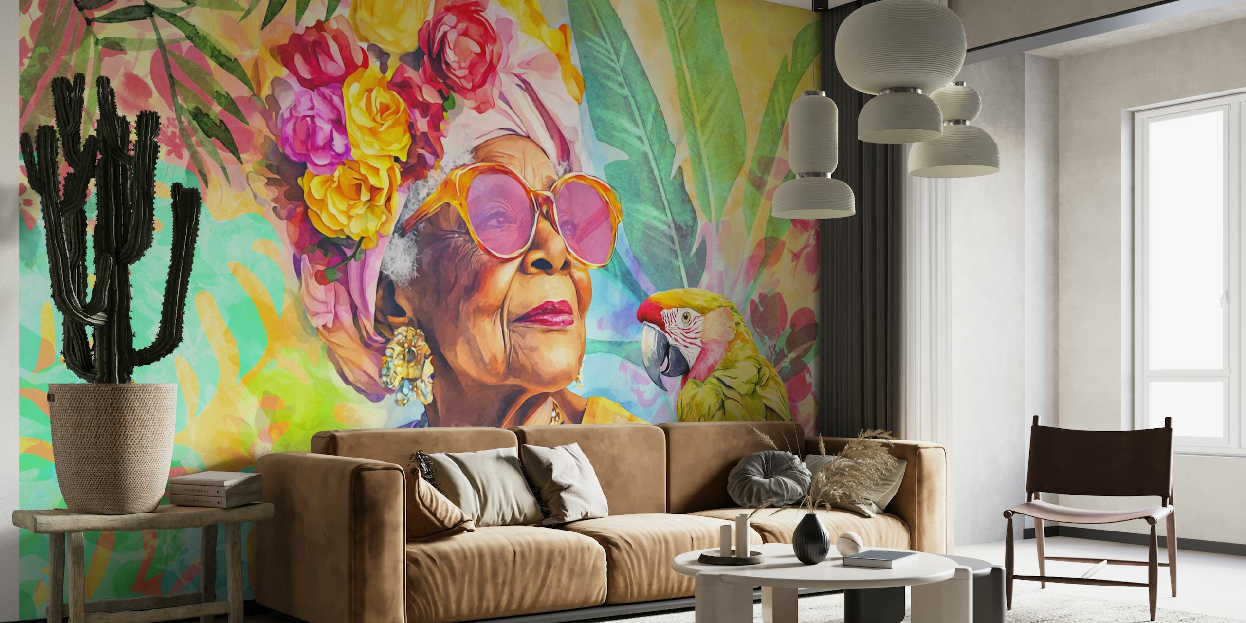 Tropical floral wallpaper featuring a woman with flowers and a parrot