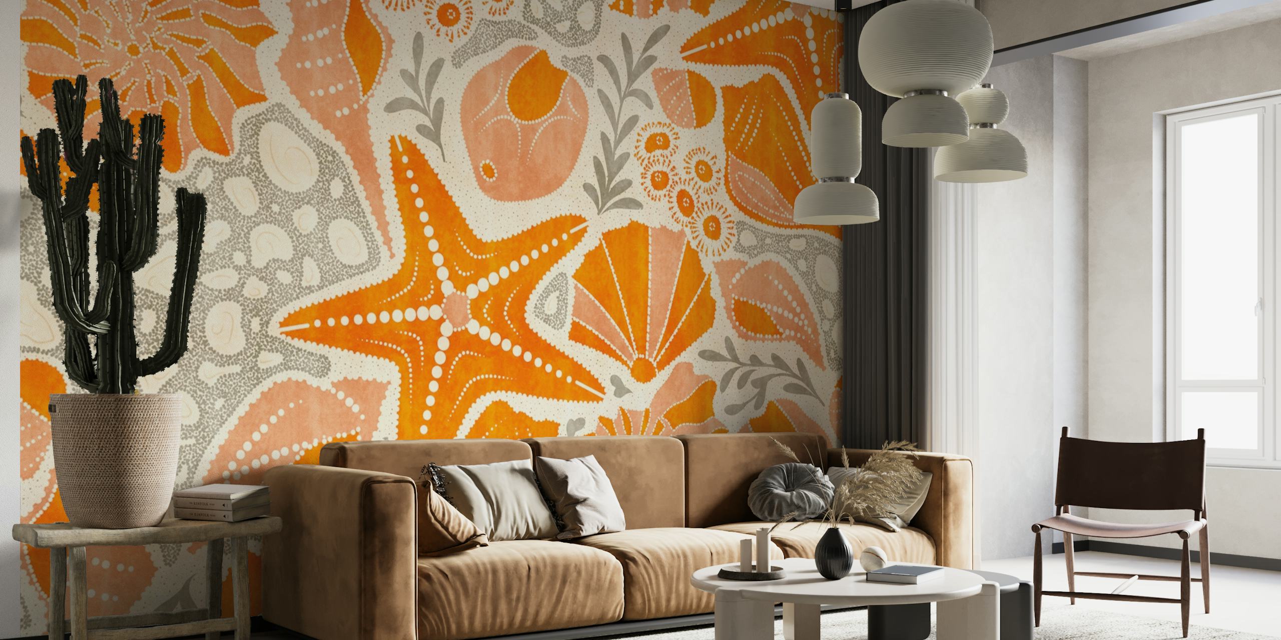 Floral patterns featuring orange shells and starfish wallpaper