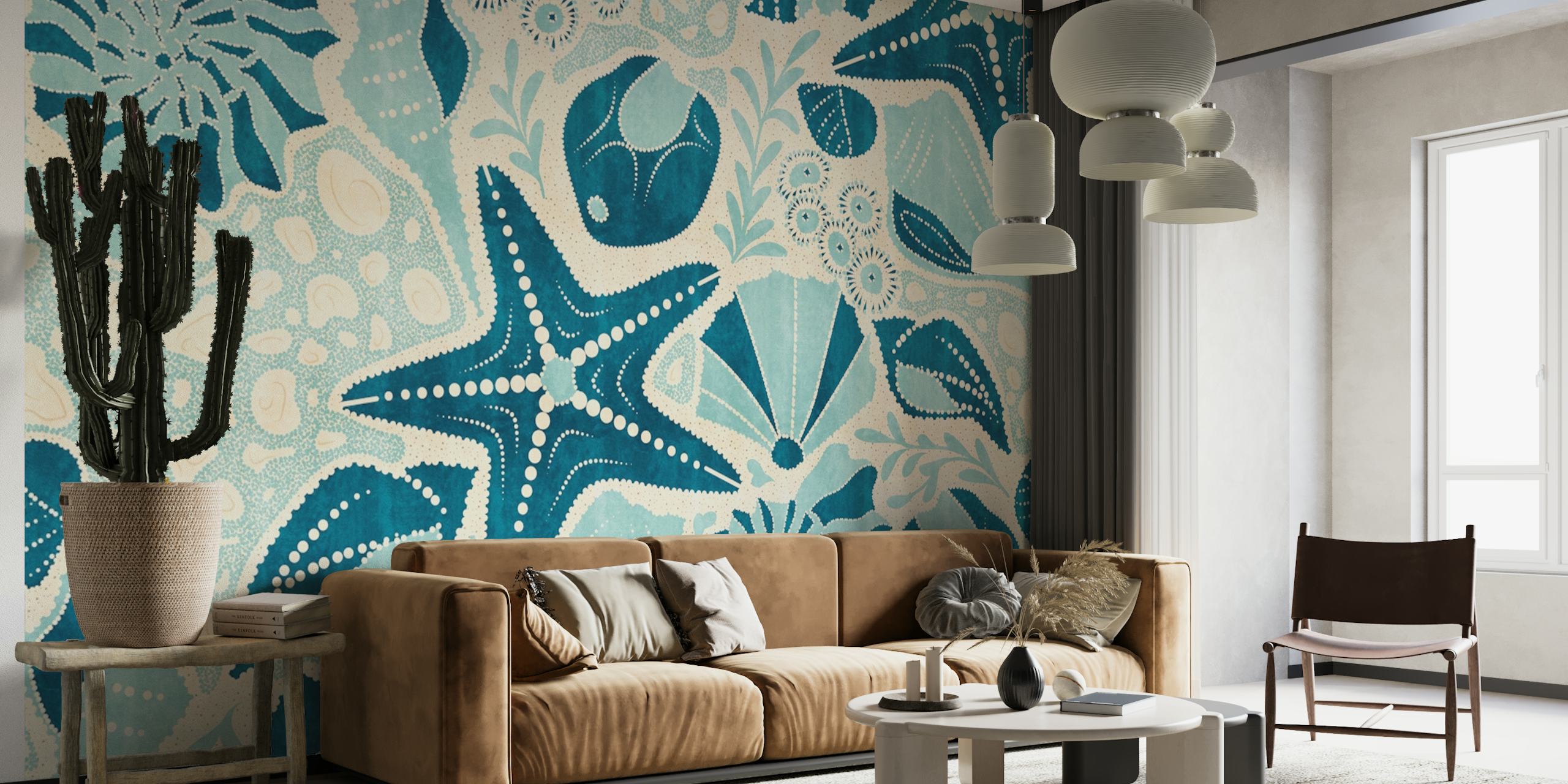 Ocean-themed blue wallpaper in a room