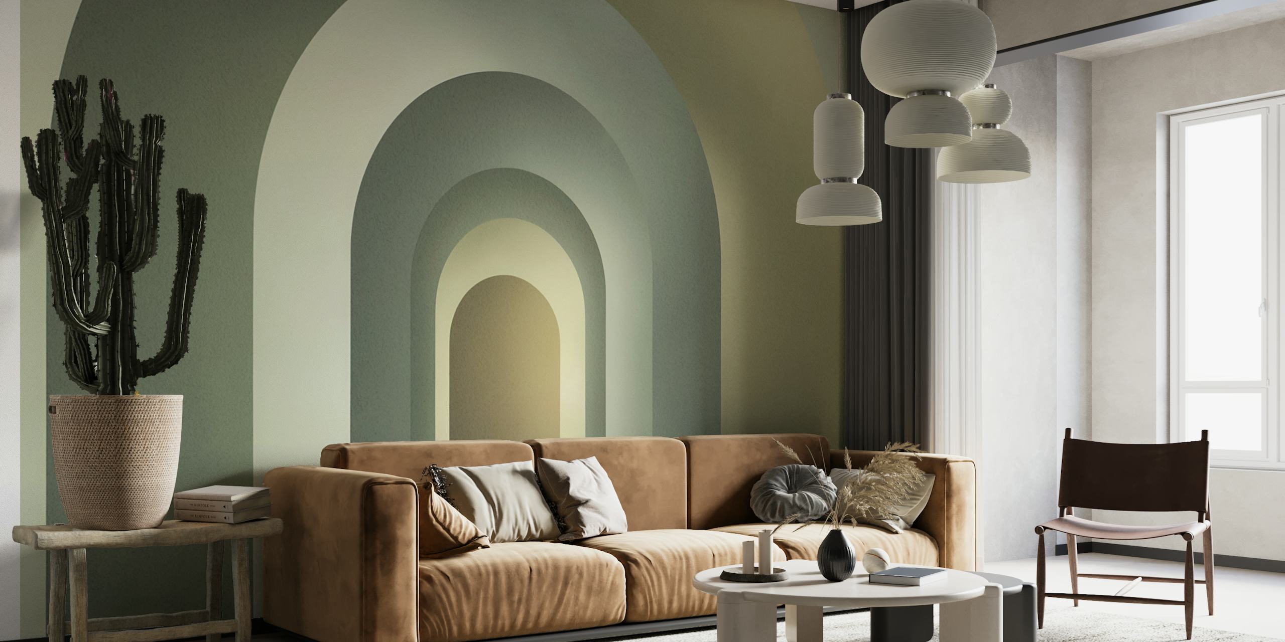 Arched shapes in soft greens and beige tones wallpaper