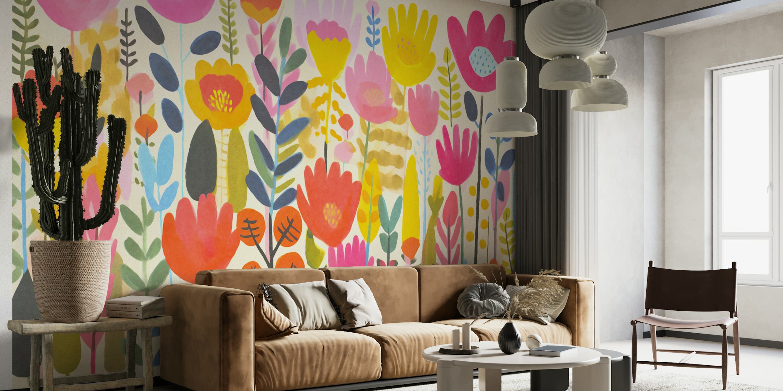 Vibrant floral wallpaper in a room