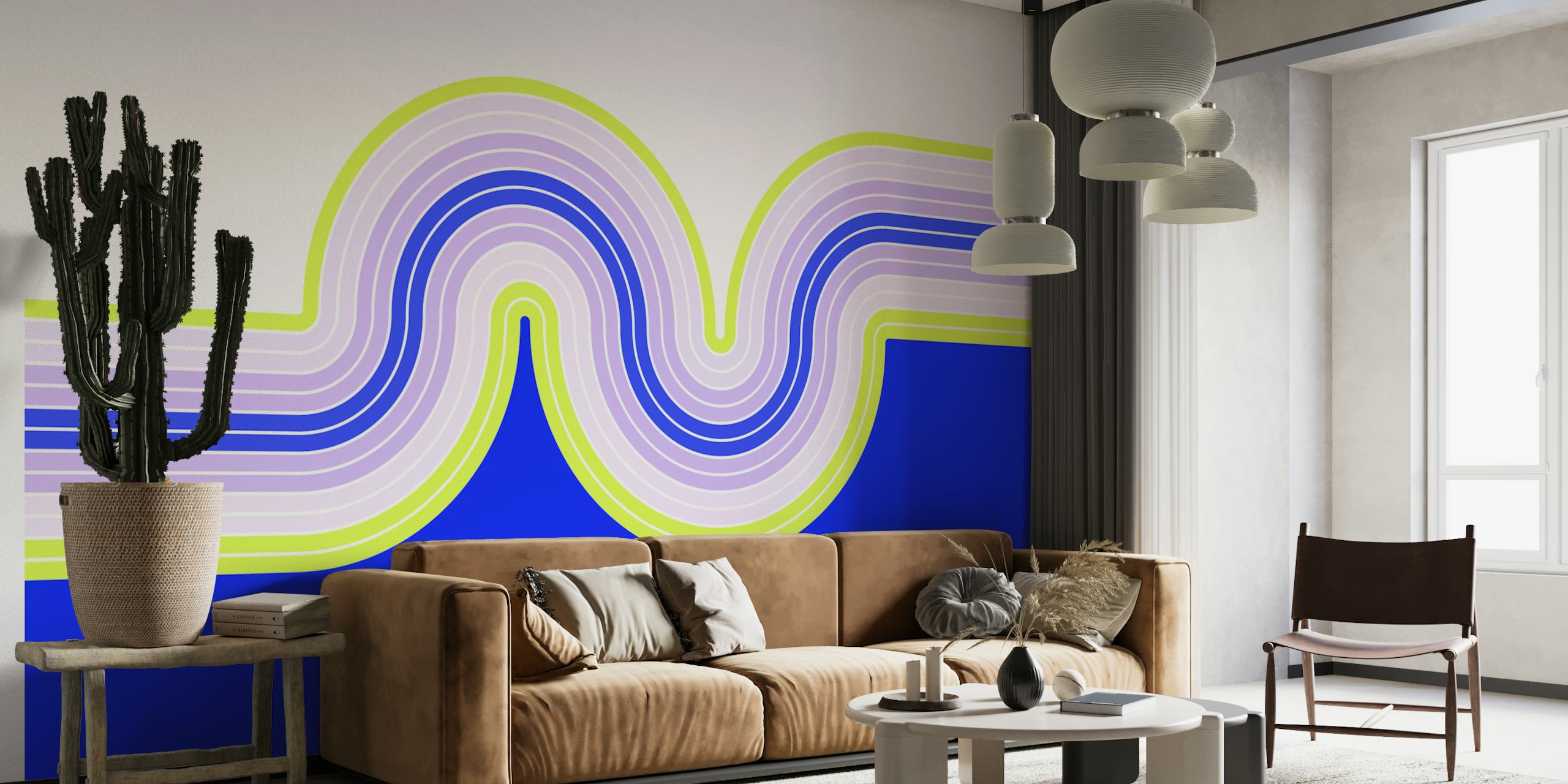 Curved neon stripes in blue and purple on a white background wallpaper
