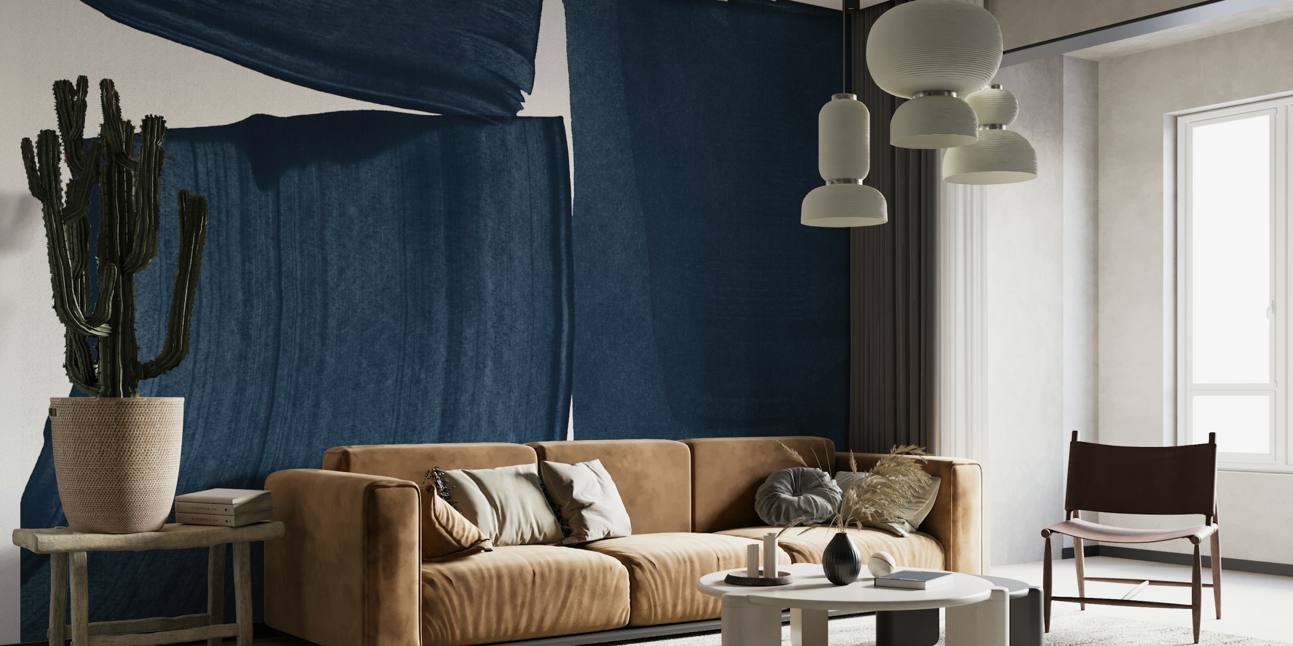 Βαθύ μπλε ταπετσαρία Minimalist Painting Blue I σε ένα δωμάτιο