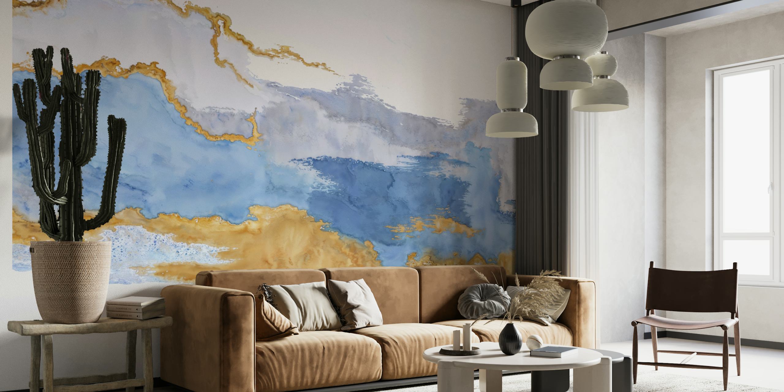 Blue and gold watercolor abstract design wallpaper