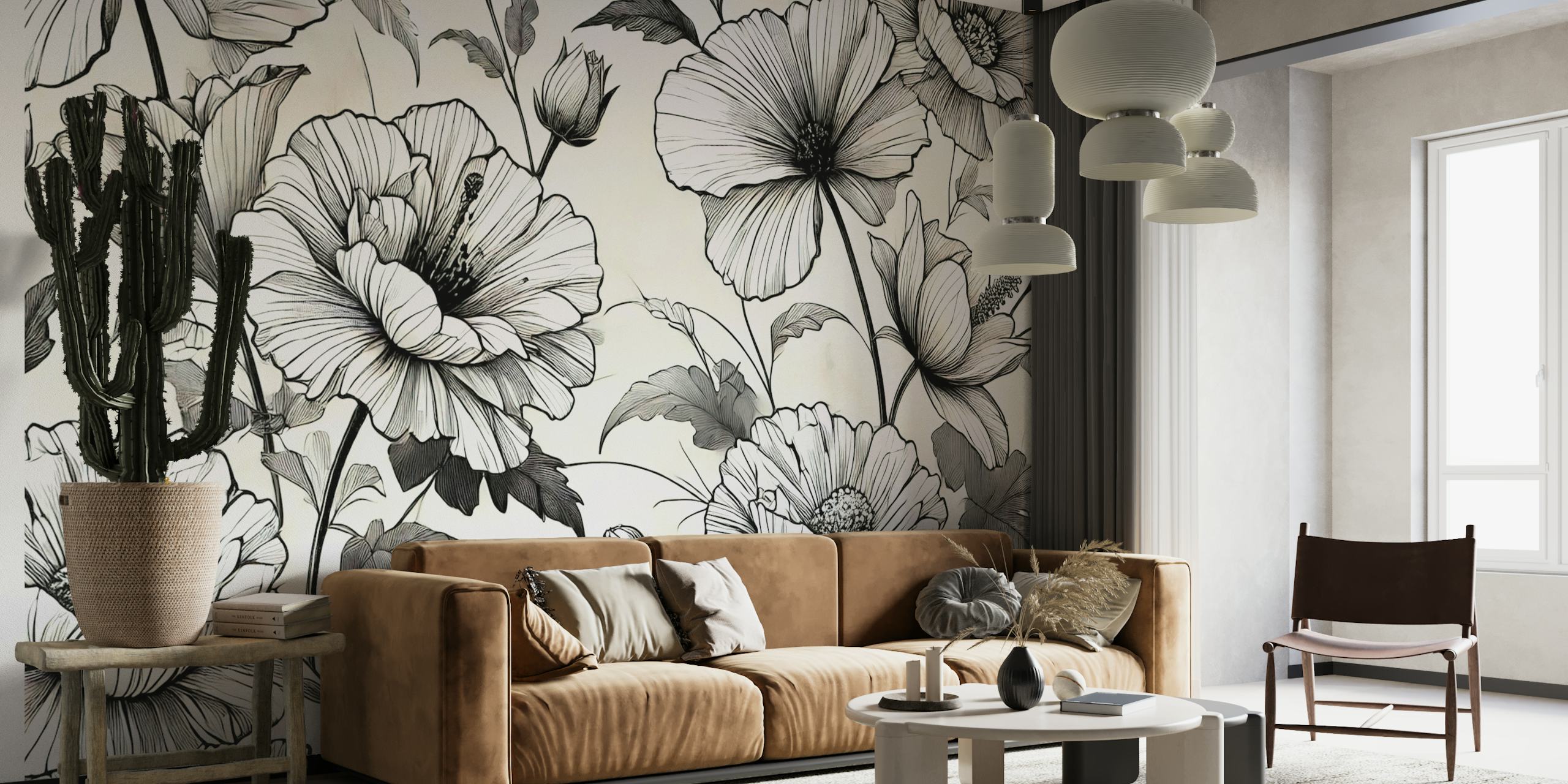 Schwarz-weiße Blumen mit Linienstil Tapete