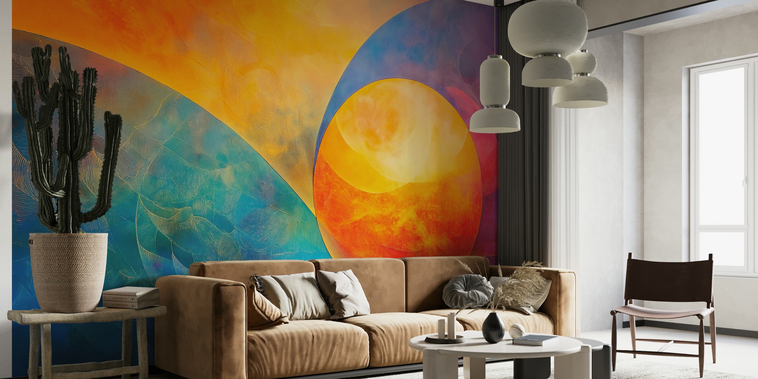 Vibrant solar canvas wallpaper in living room