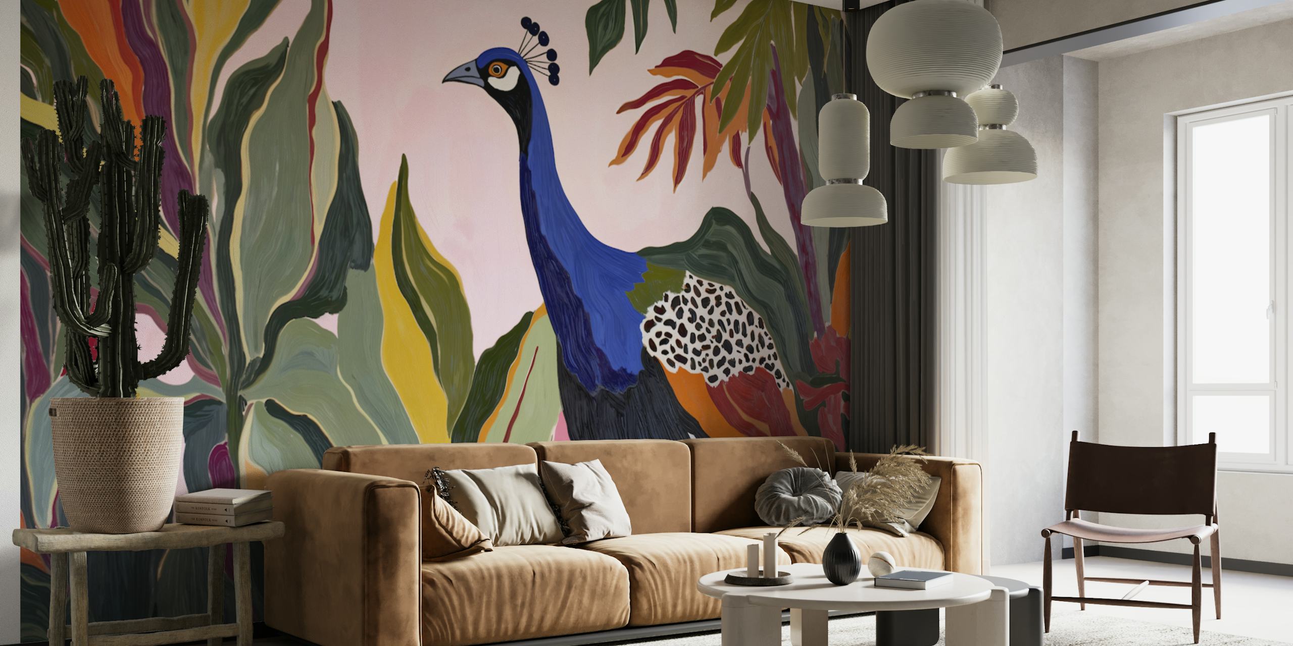 Colorful peacock with tropical foliage in green, yellow, and blue wallpaper