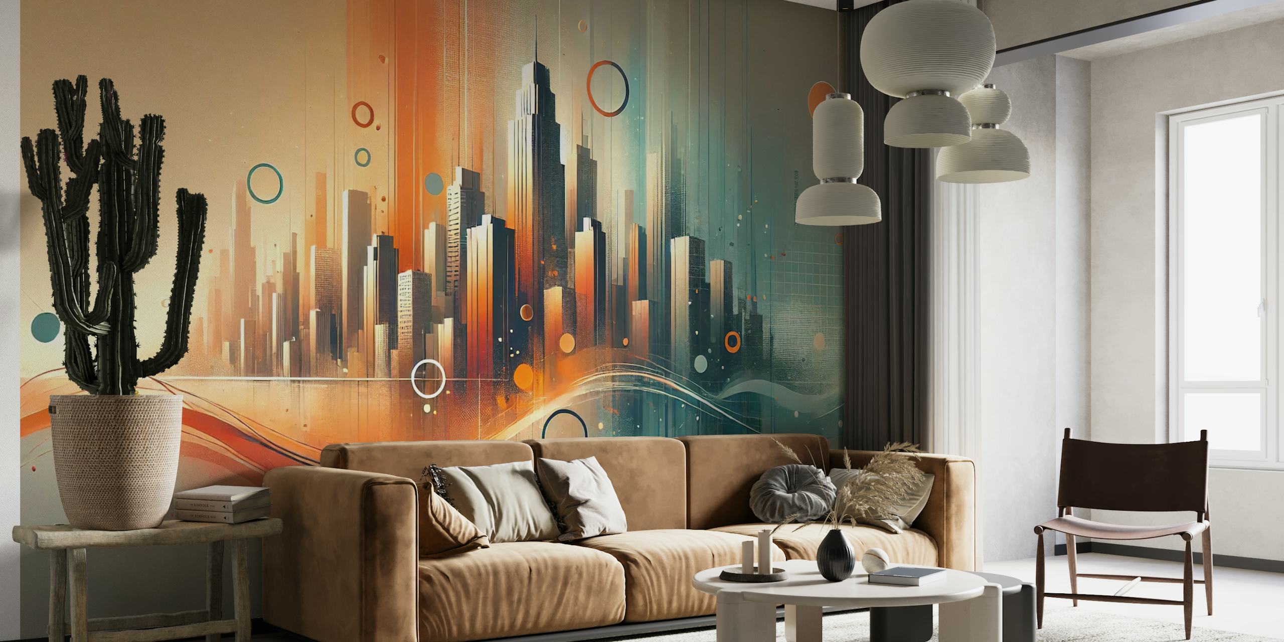 Abstract city skyline with orange and teal accents wallpaper