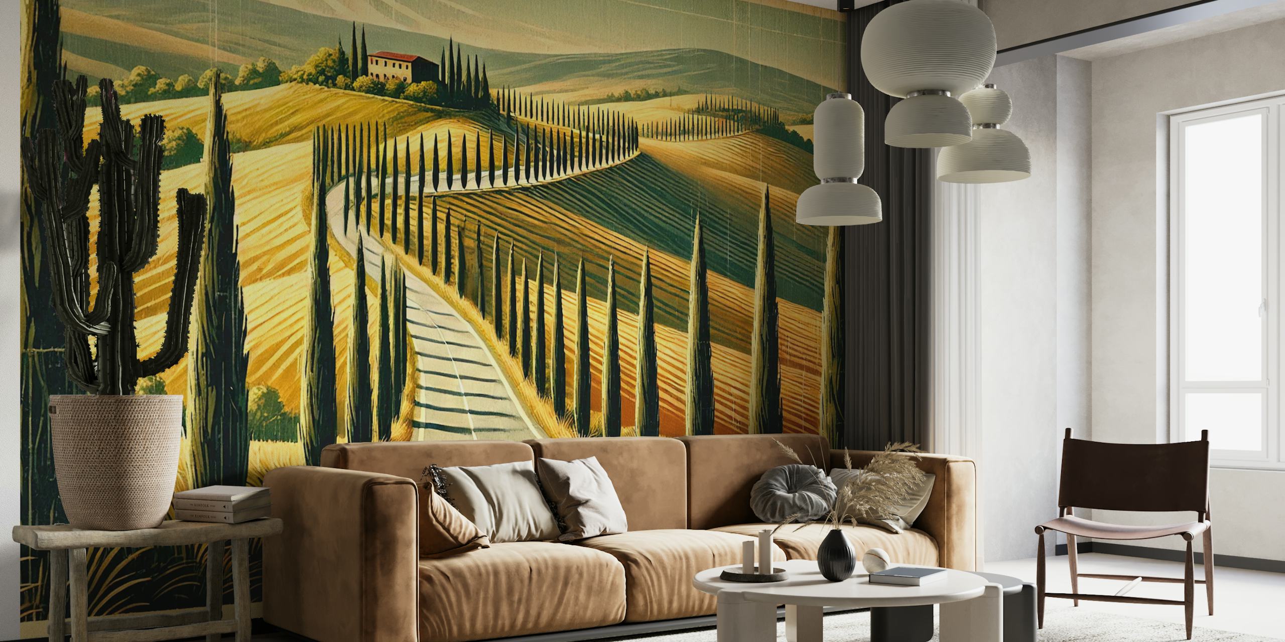 Cypress trees and winding road in green and yellow landscape wallpaper