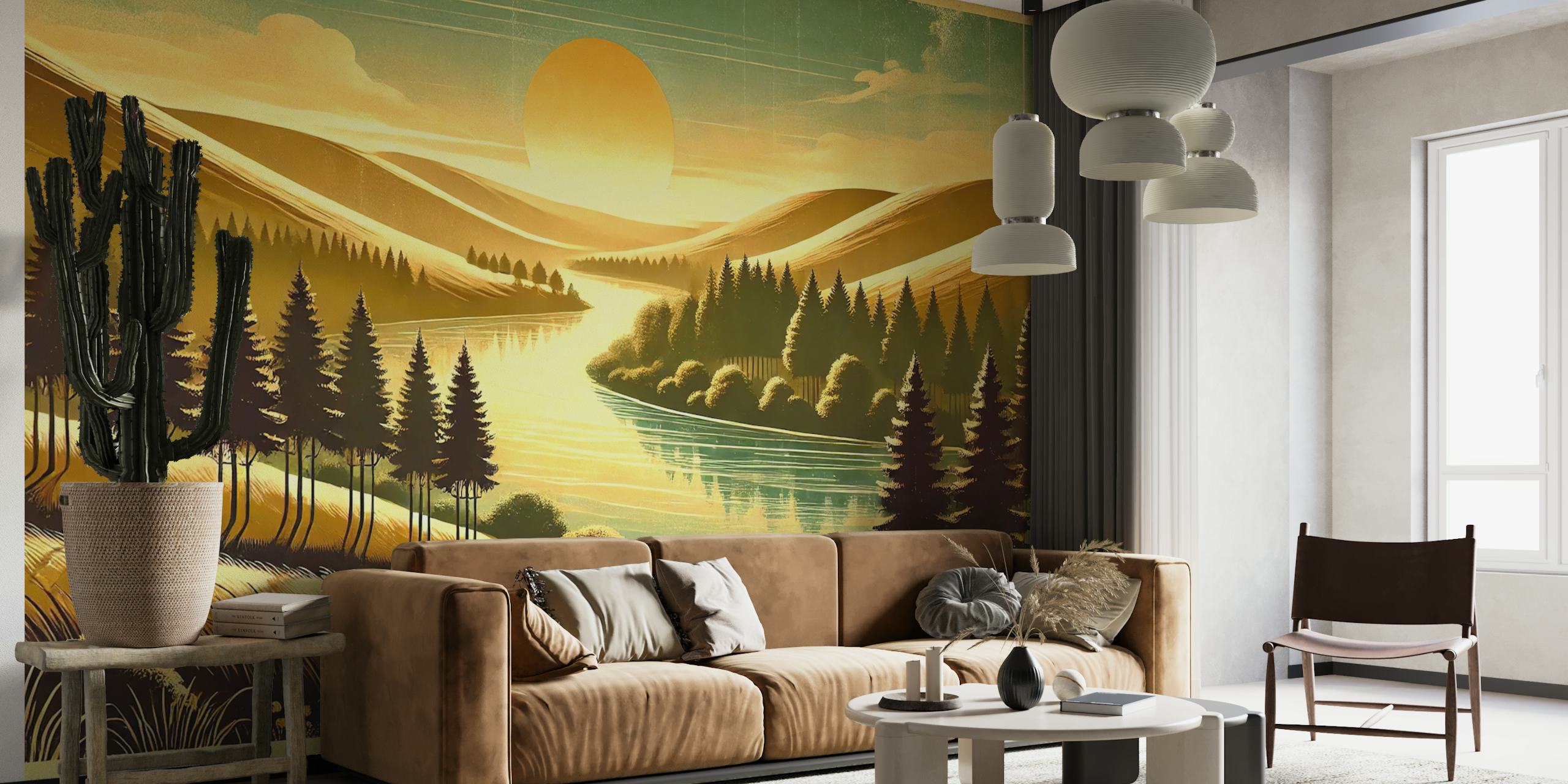 Vintage River Morning Light Wallpaper in a room