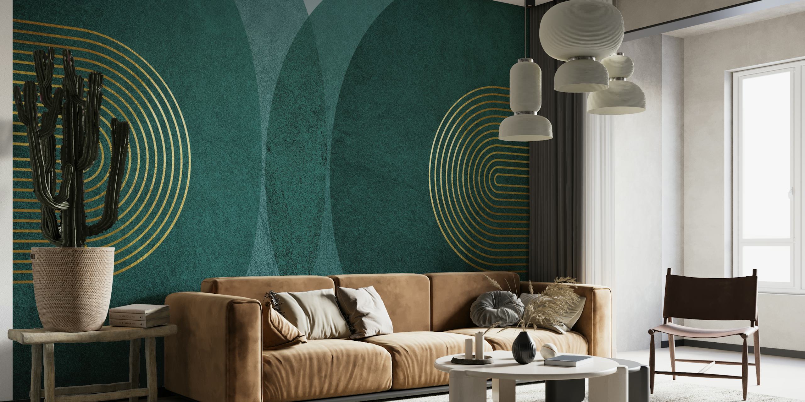 Teal geometric pattern with golden lines wallpaper