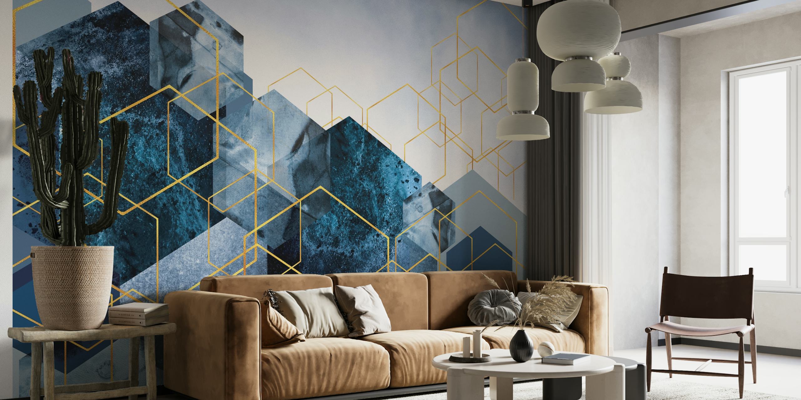 Geometric shapes in shades of blue and gray with gold accents wallpaper