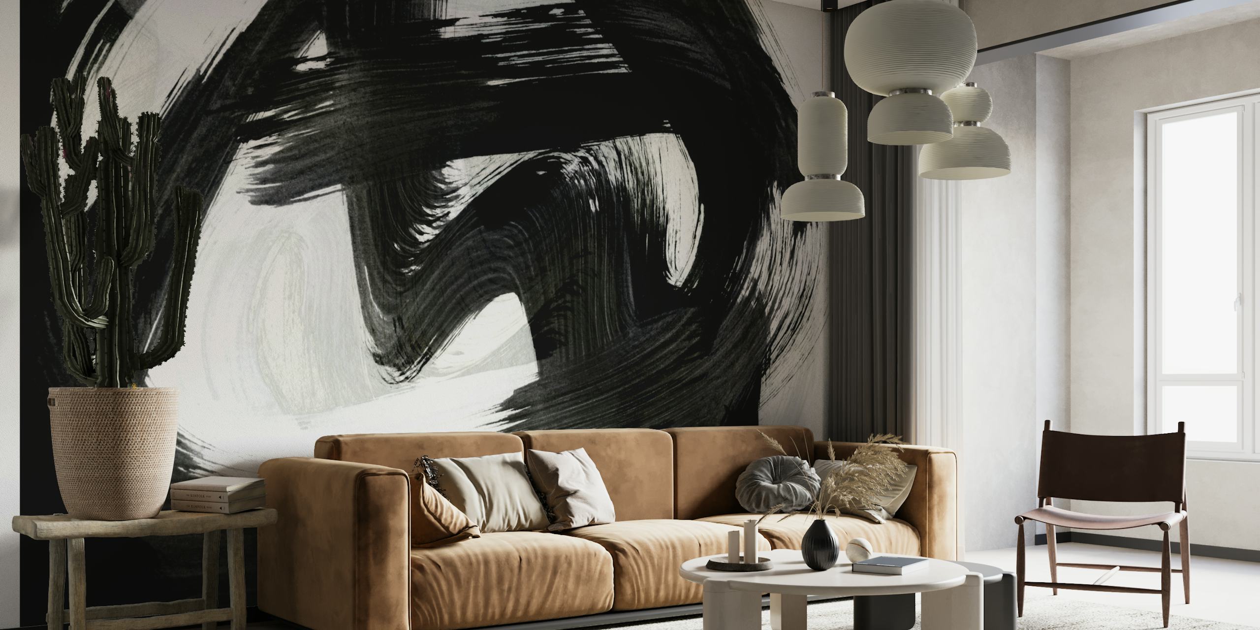 Black and white brushstrokes wallpaper in a room