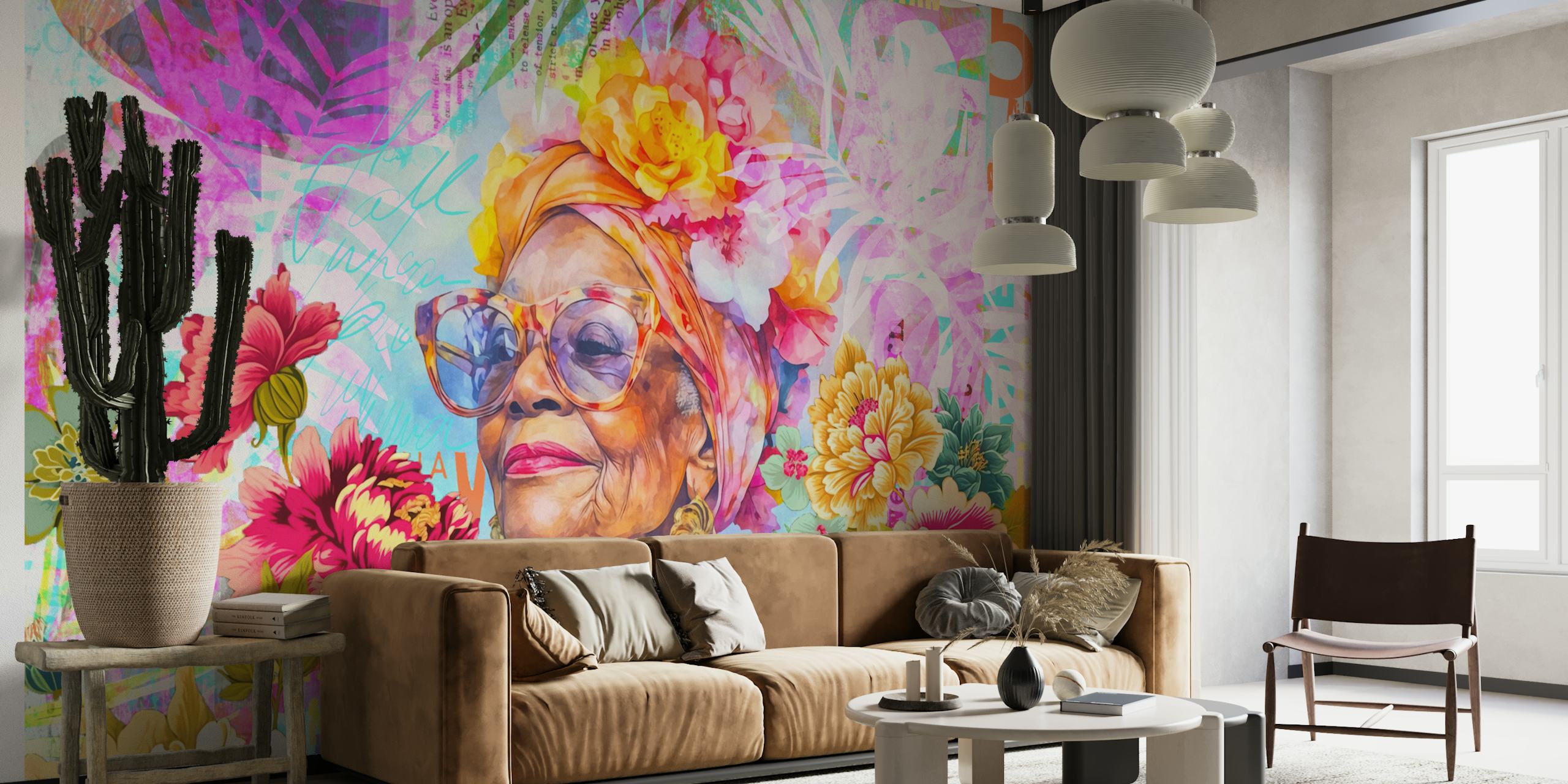 Colorful floral and portrait wallpaper with vibrant flowers and tropical leaves.