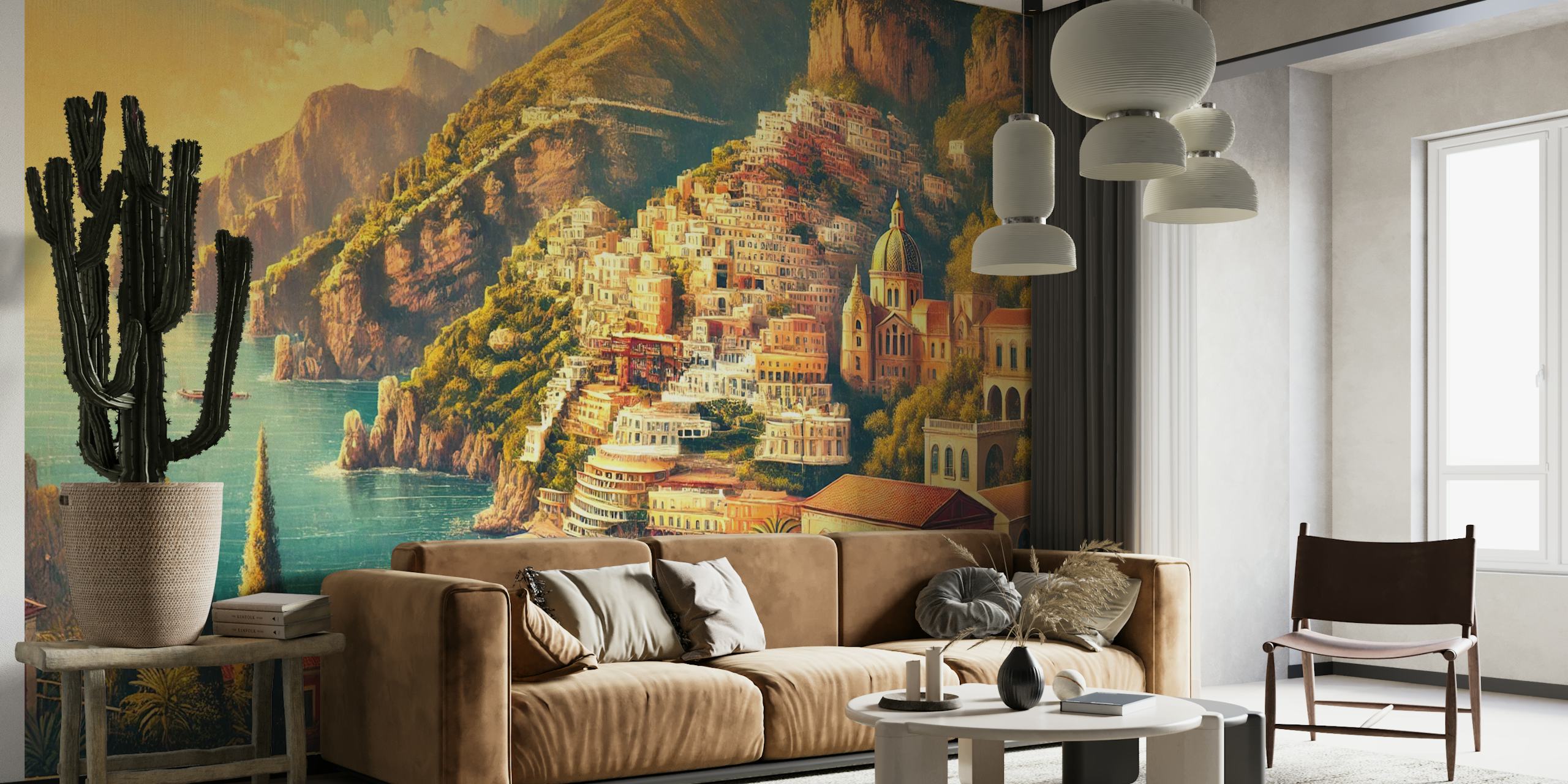 Vintage Amalfi Coast view with colorful buildings, sea, mountains wallpaper