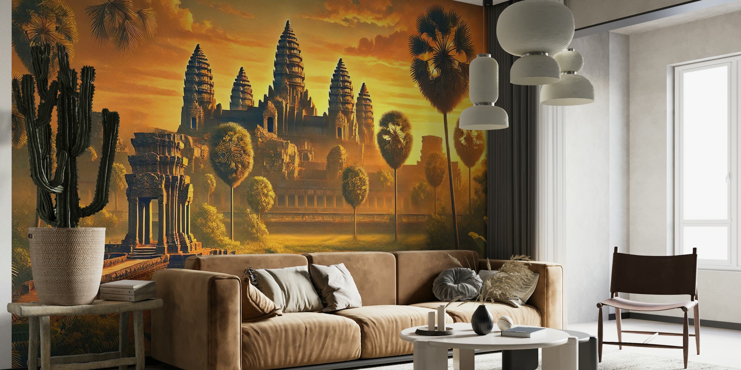 Angkor Wat temple during sunset with palm trees and vibrant colors wallpaper