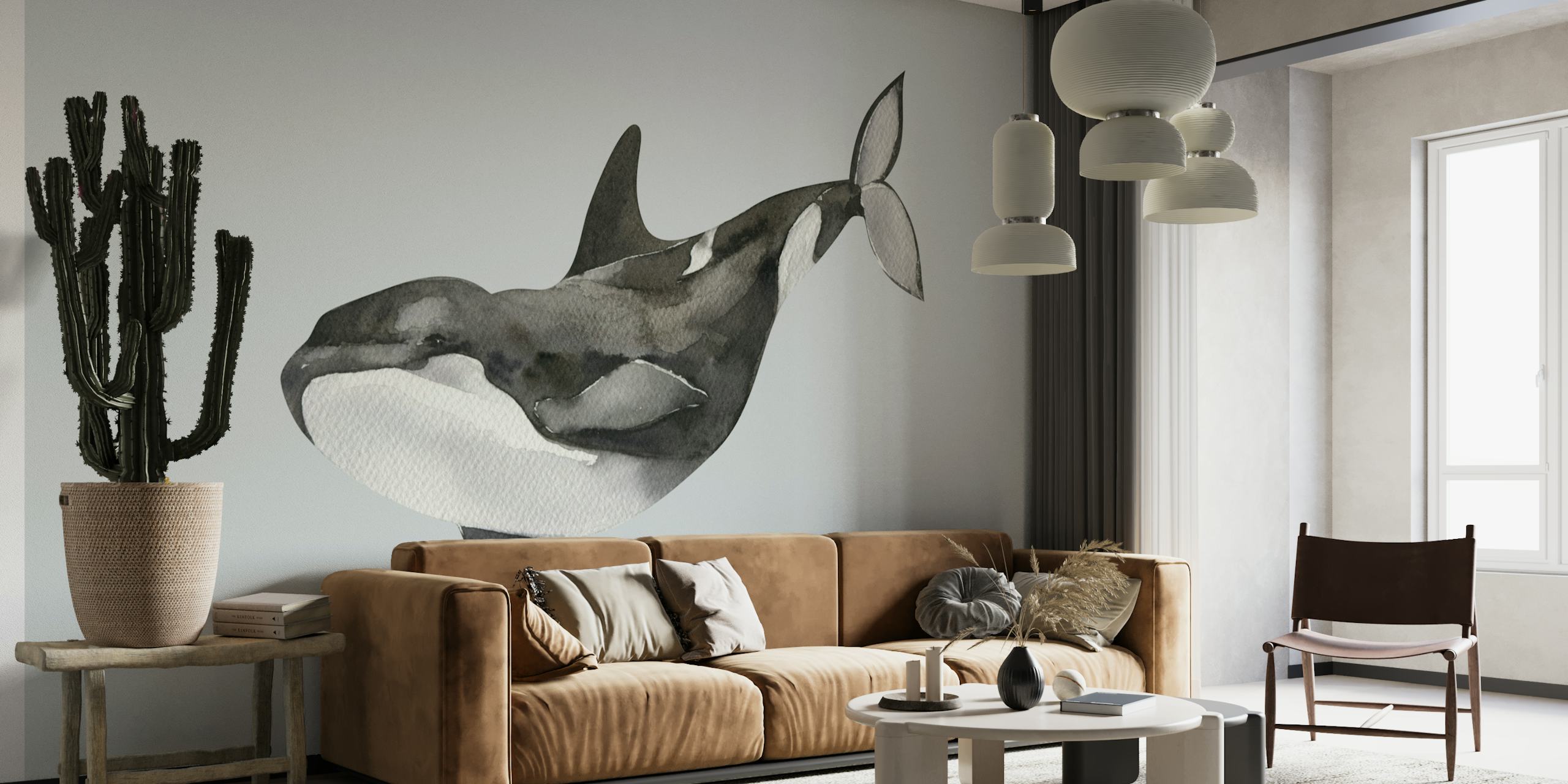 Watercolor orca swimming in grey tones wallpaper