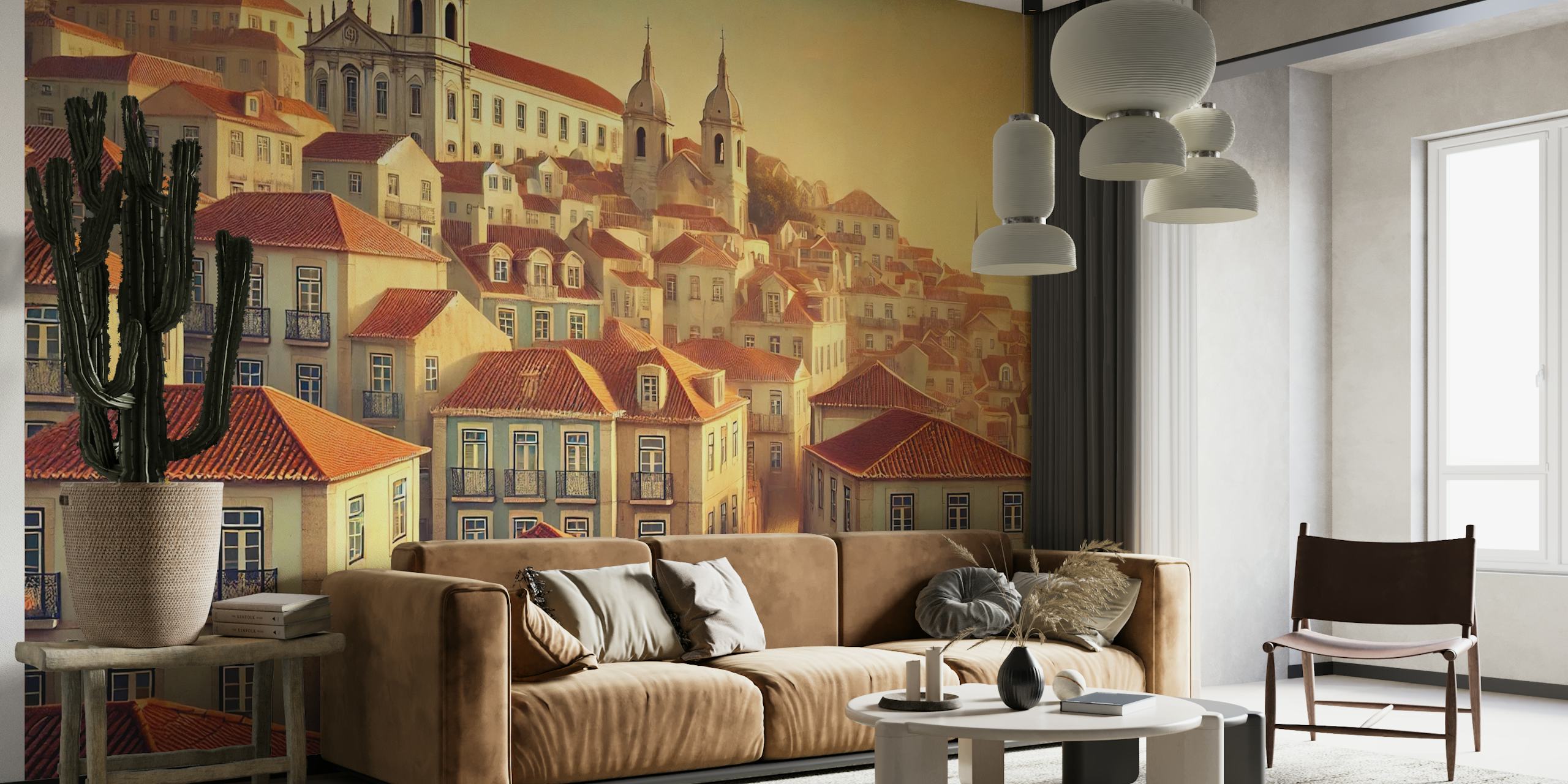 Vintage Lisbon rooftops with beige buildings and red roofs wallpaper
