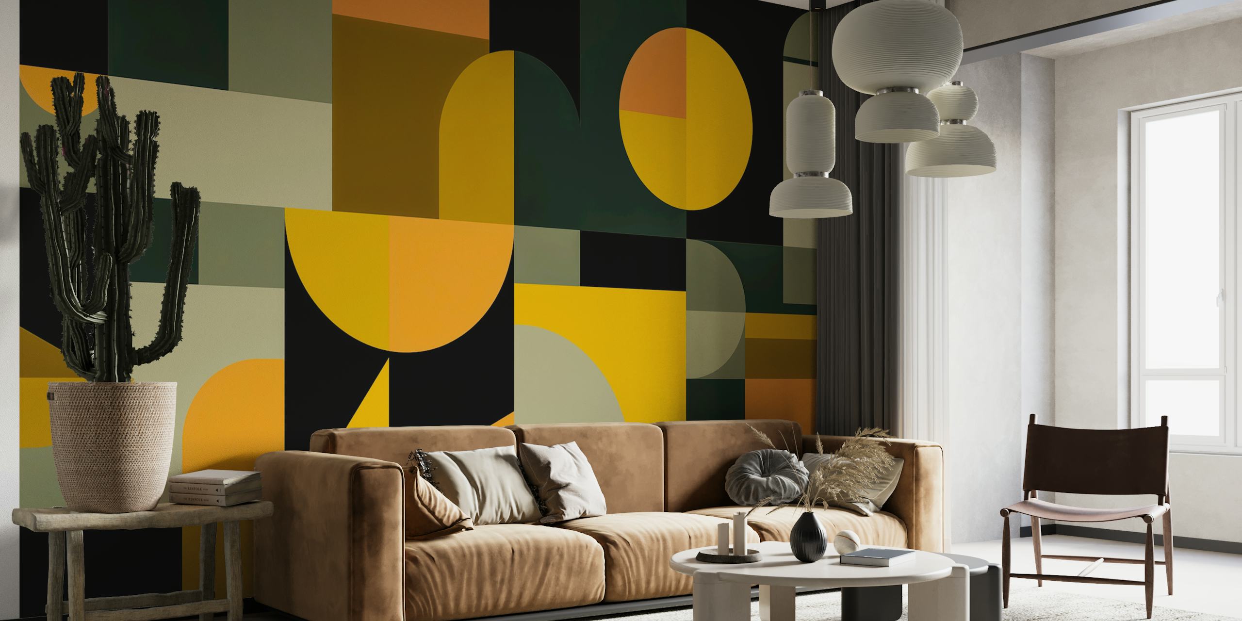 Vintage Geometric Warmth papel de parede em um quarto