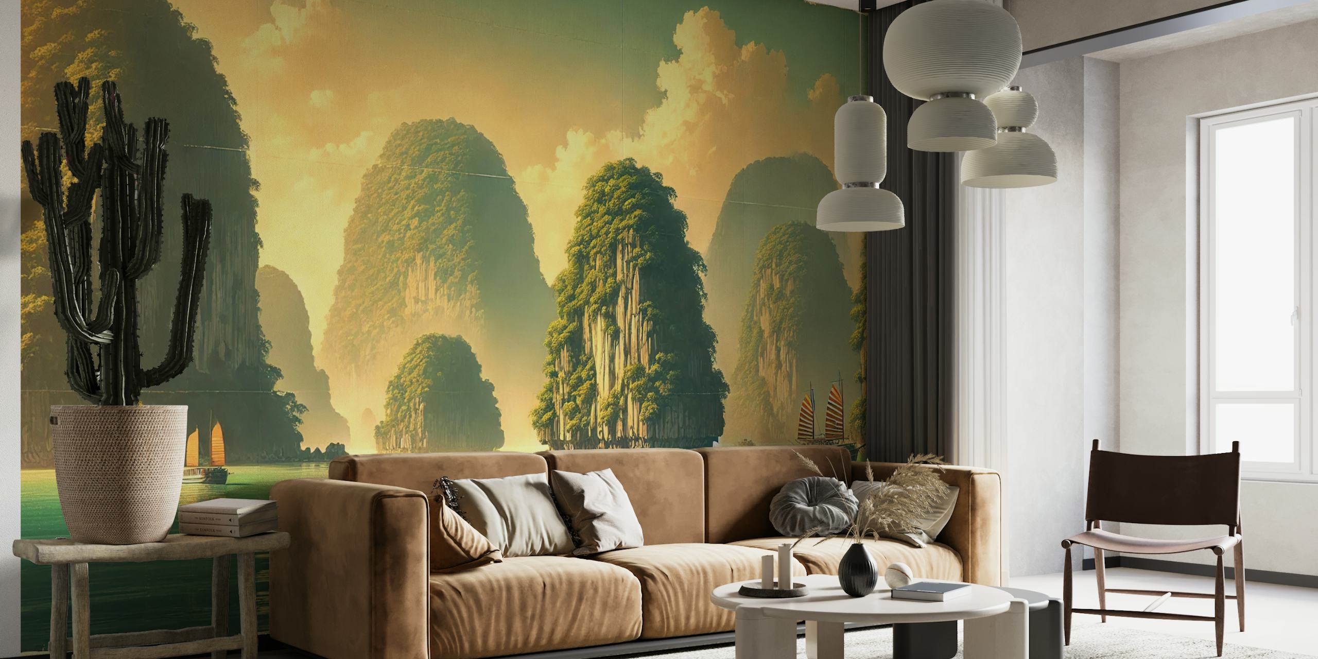 Ha Long Bay landscape with rocky formations and boats in green and blue wallpaper