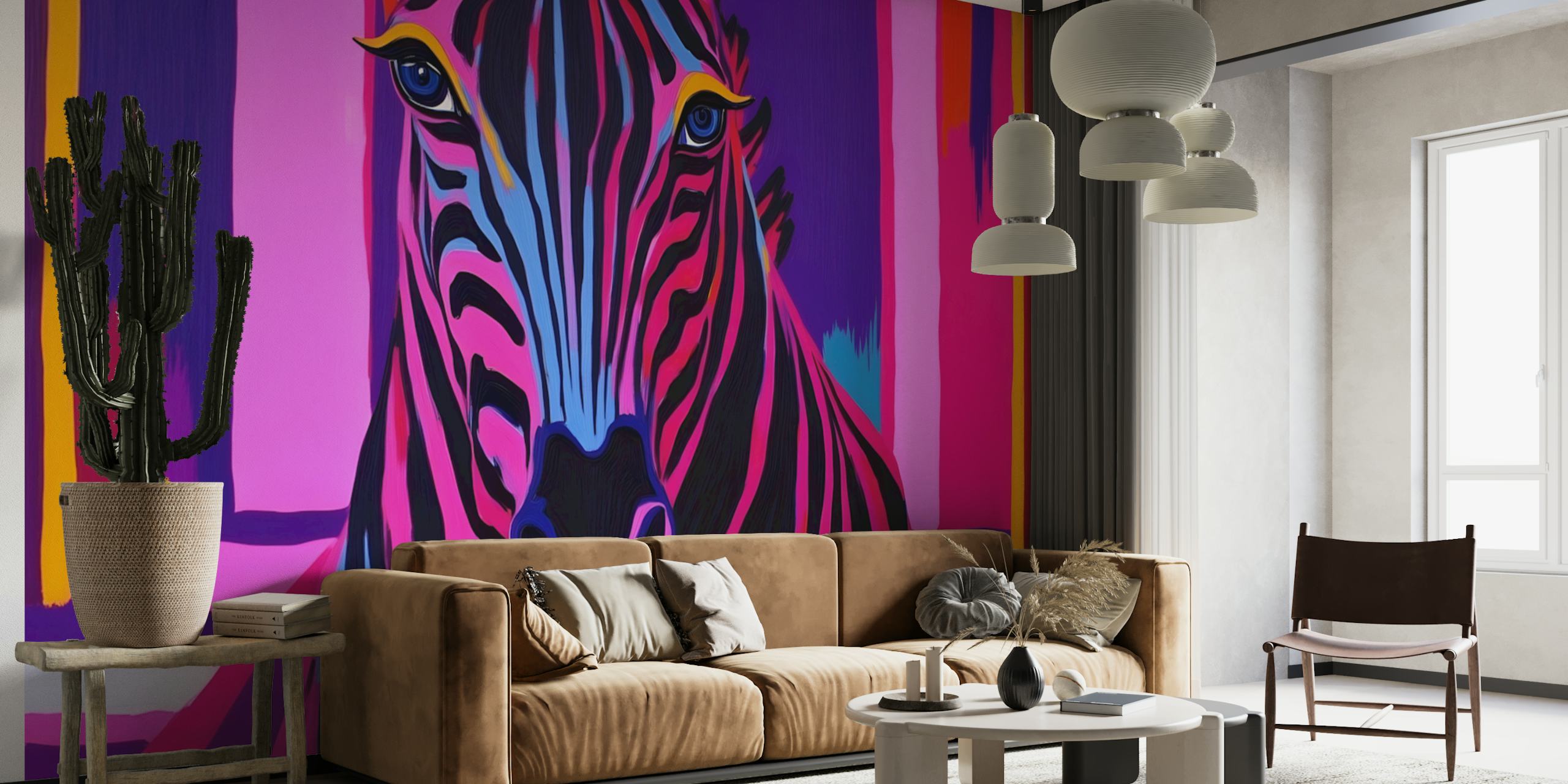 Vibrant zebra in pink and blue stripes artwork wallpaper
