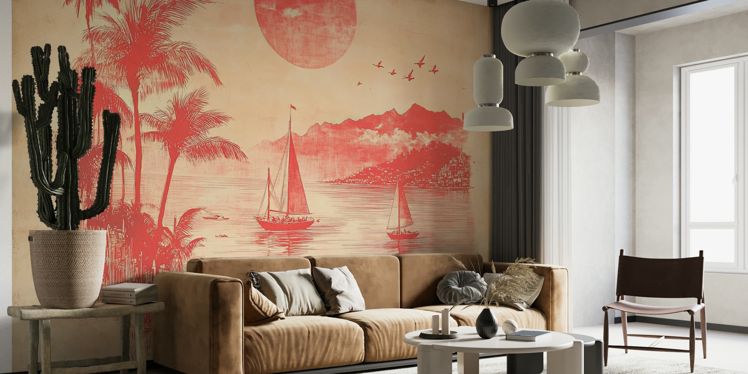 Engraved wallpaper featuring red palm trees and boats against a sunset